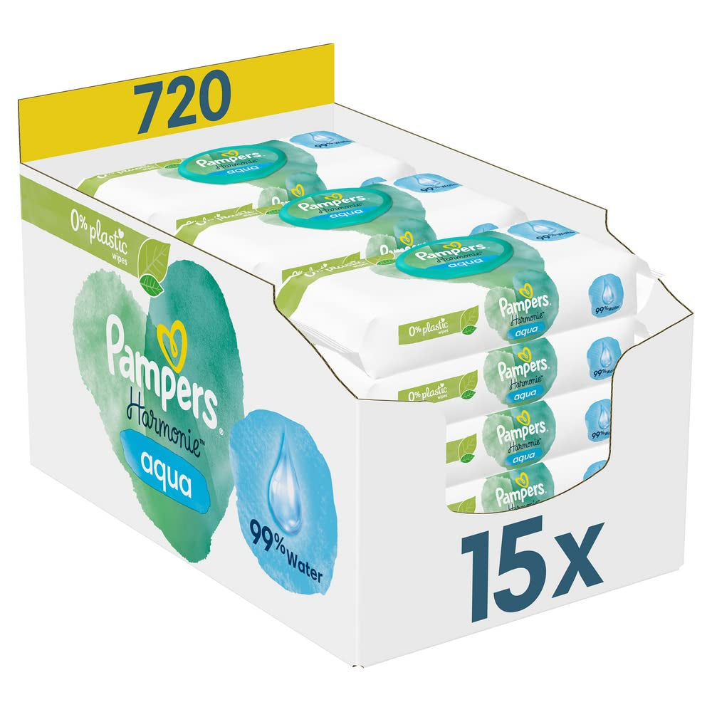 Scatola di salviette umidificate Opus Ocean of Discovery e Pampers Harmony Aqua Baby, 720 salviette (15 x 48), protezione delicata per la pelle delicata con il 99% di acqua