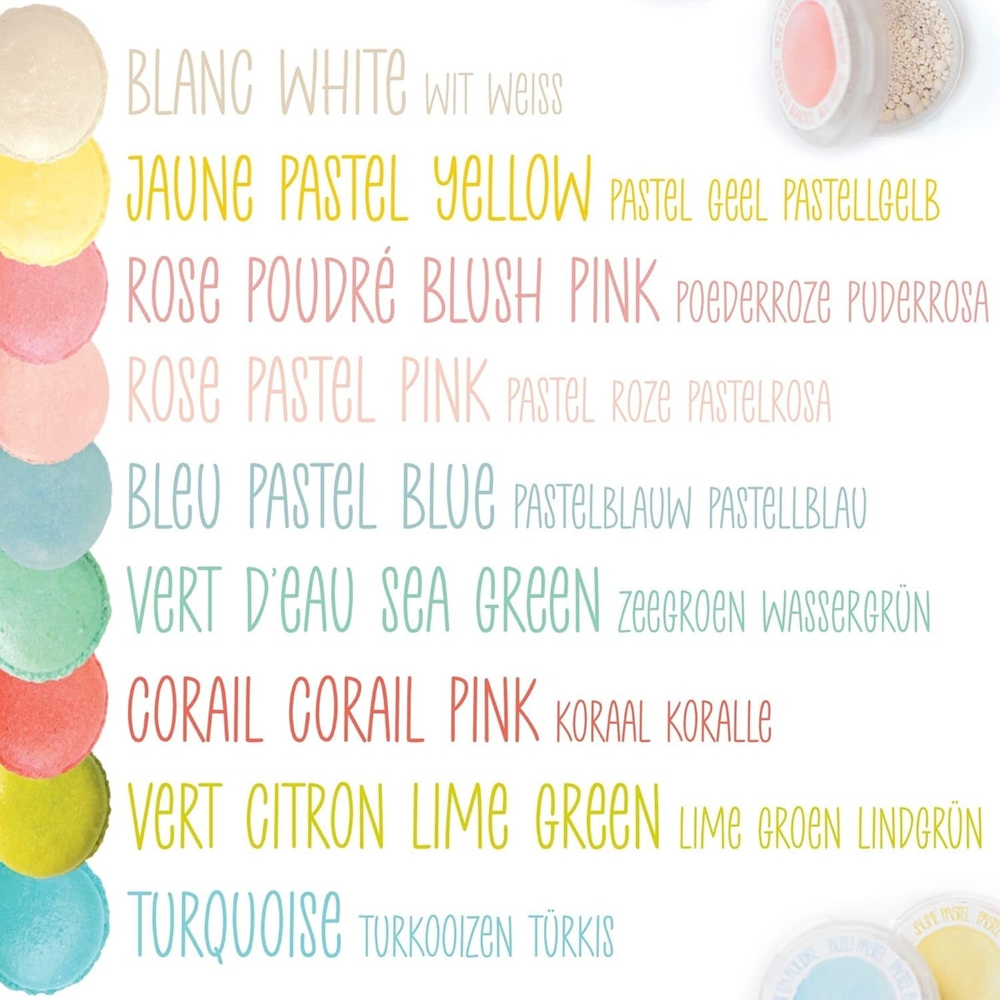 Scrapcooking - Set di 9 coloranti alimentari pastello - Blu, Giallo, Corallo, Rosa, Turchese, Verde lime, Bianco, Verde acqua, Rosa cipria - Polvere colorante commestibile per torte, muffin, macarons - 4272