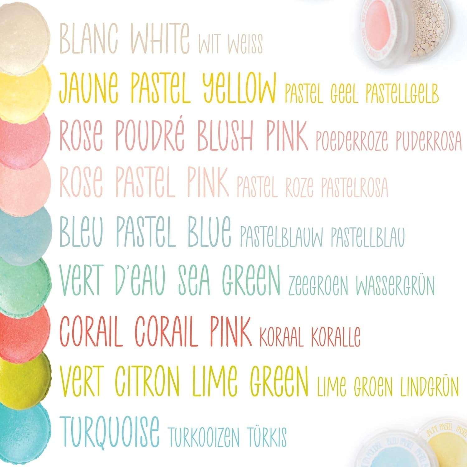 Scrapcooking - Set di 9 coloranti alimentari pastello - Blu, Giallo, Corallo, Rosa, Turchese, Verde lime, Bianco, Verde acqua, Rosa cipria - Polvere colorante commestibile per torte, muffin, macarons - 4272