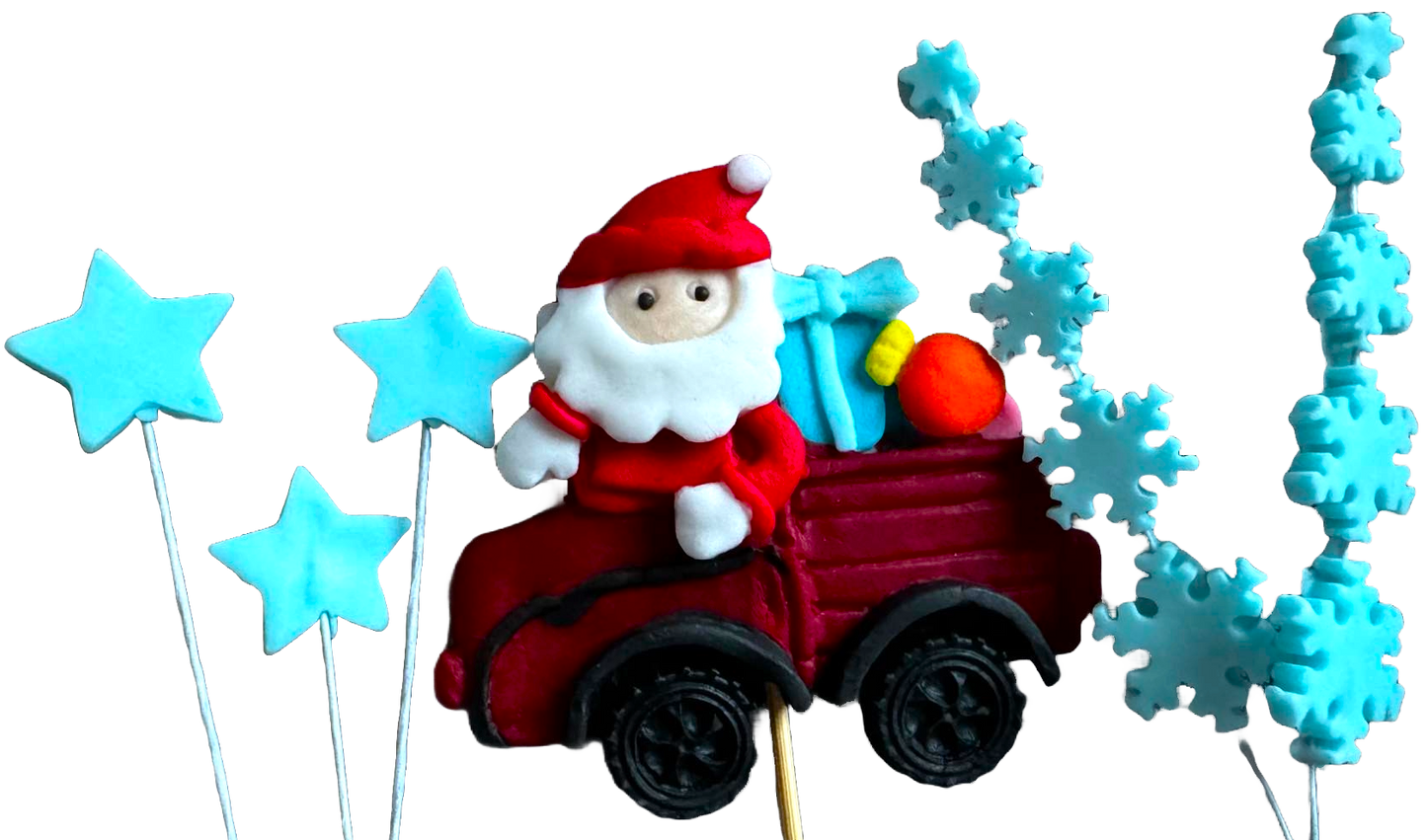 Set di 6 decorazioni commestibili in pasta di zucchero, Natale, Auto di Babbo Natale, stelle e fiocchi di neve Decorazioni in Pasta di Zucchero Naty Shop