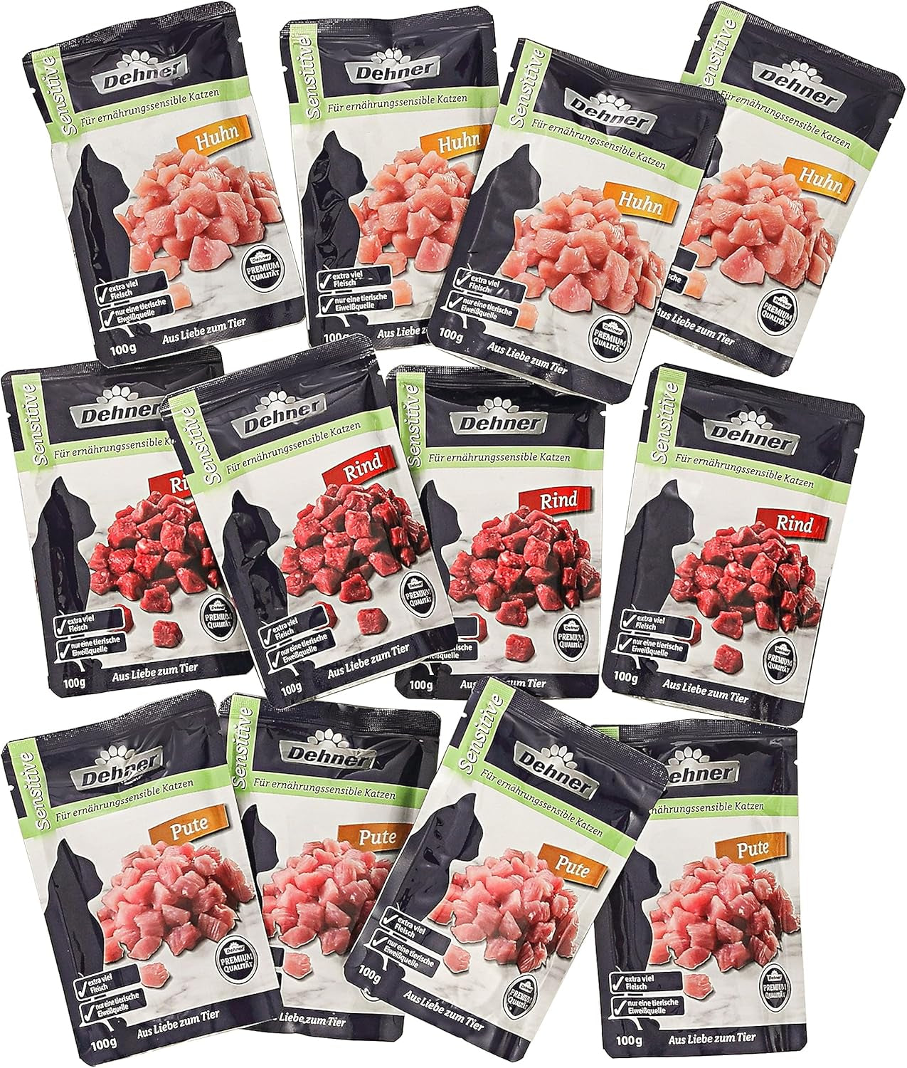 Dehner Premium Katzenfutter Sensitive Multipack, Nassfutter, für ernährungsensible Katzen, je 4 x Huhn / Rind / Pute, 12 x 100 g Bag (1,2 kg)