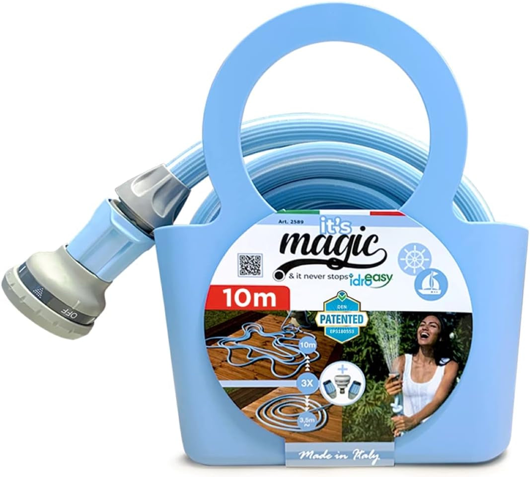 Tubo da giardino estensibile Magic Blue da 10 metri, resistente ai nodi e alla torsione, con borsa e ugello spruzzatore