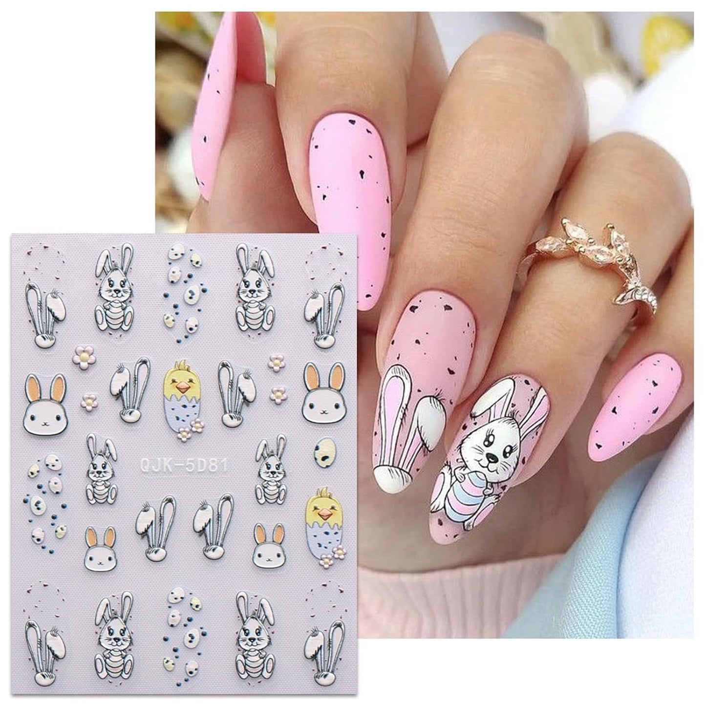 JMEOWIO 6 Blatt 3D Nagelsticker Ostern Nail Art Sticker Selbstklebend Nagelaufkleber 5D Stereoscopico Süßer Hase Ei Dekoration Nageldesign Zubehör