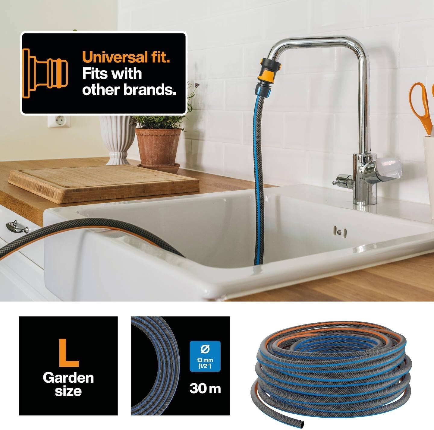 Fiskars L Tubo dell'acqua, Protezione UV, Testato a pressione, Livello di rigidità alla torsione 4 (su 5), 30 m, Ø 1,3 cm (1/2"), 4,2 kg, Nero/Arancione/Blu, 1027105