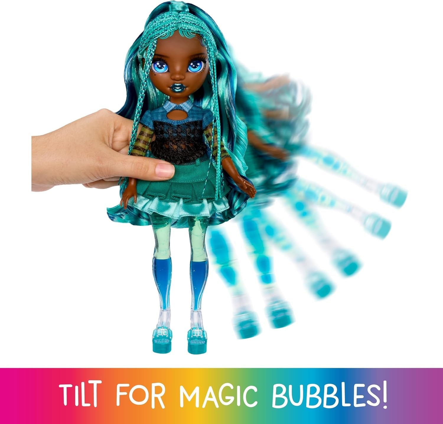 Bambola Arcobaleno Scintillante e Brillante - Misty - Bambola alla moda da 28 cm con capelli turchesi e bolle magiche in piedi, vestiti colorati e gioco da collezione per 4-12 anni