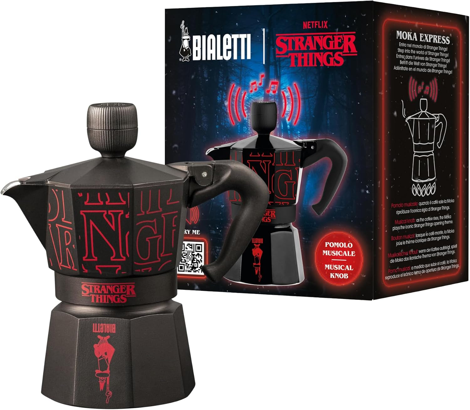 Bialetti Moka Express Stranger Things Caffettiera da 3 tazze, Tasto musica con funzione di ricarica USB-C, Non adatta ai piani cottura a induzione, 3 tazze (130 ml), Nero