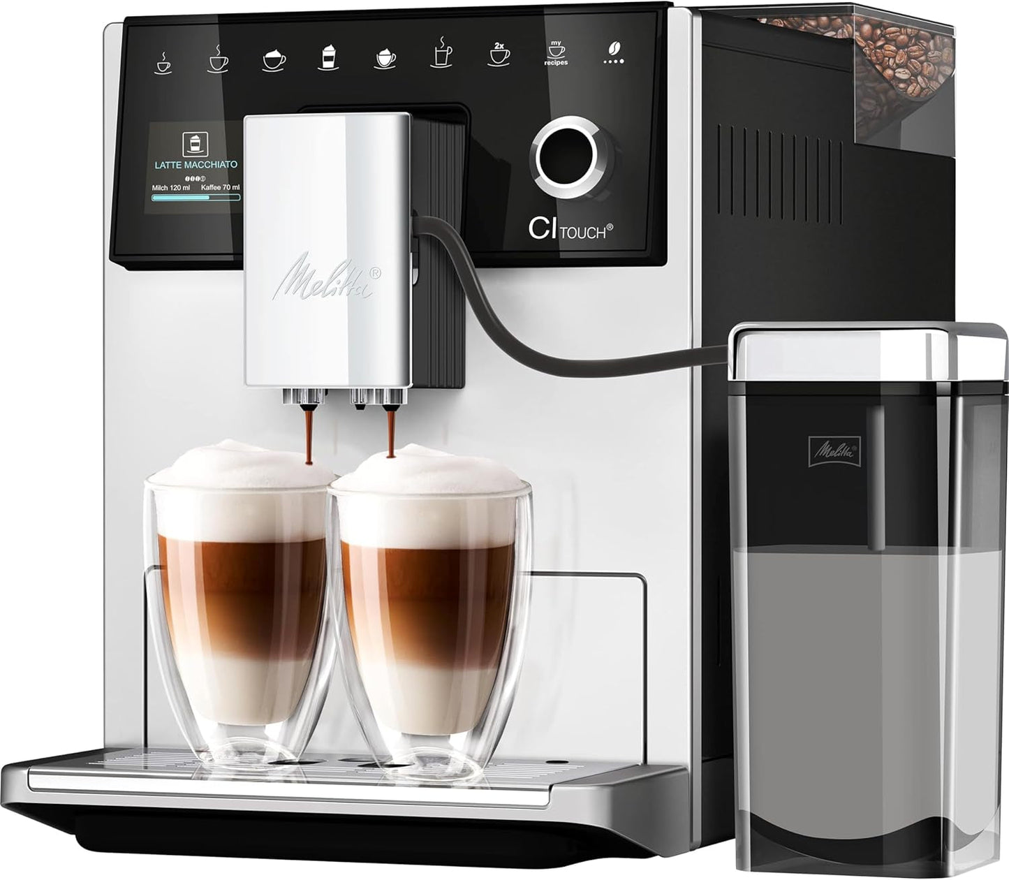 Melitta CI Touch - Macchina per caffè espresso completamente automatica con sistema per il latte, macchina per caffè espresso con macinacaffè integrato e cappuccinatore, ad es. per espresso o cappuccino, argento