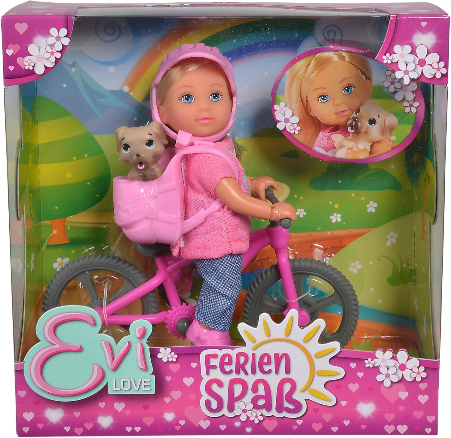 Simba 105733273 - Evi Love Fun Holiday Bike bambola con bici, cane e zaino, bambola alla moda, 12 cm, per bambini dai 3 anni in su