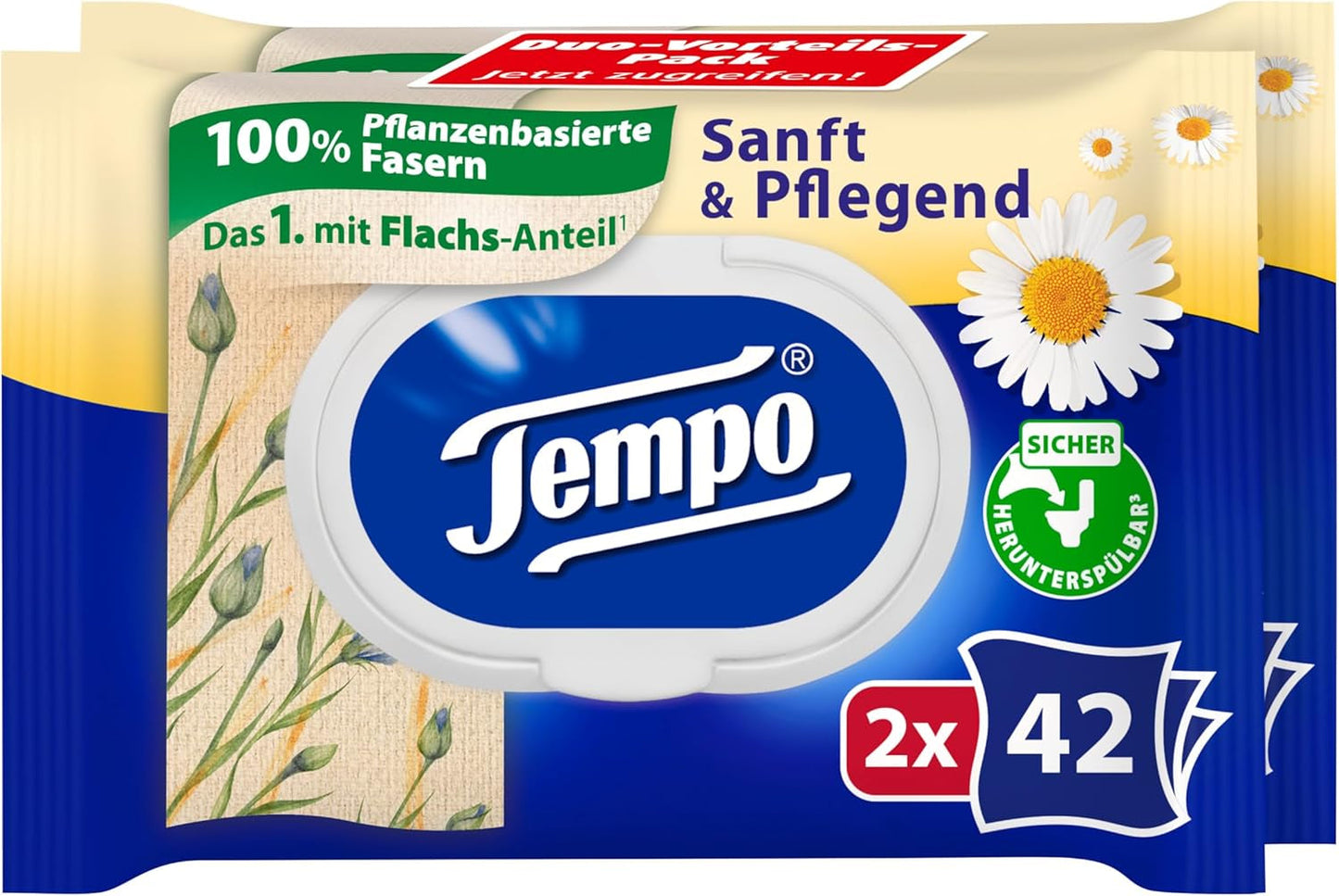 Salviette igieniche Tempo "Gentle & Caring" - Megapack - 16 confezioni da 42 salviette - Duo Packs - con camomilla naturale - carta igienica, dermatologicamente testate e neutre al Ph della pelle