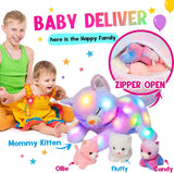 Gatto di Peluche Musicale a LED, Giocattolo Cantante Leggero, Mamma Gatta con 3 Gattini nella Pancia, Ninna Nanna Animata, Giocattolo Rilassante per Mamme, Bambini, Bambine, Arcobaleno, 45 cm