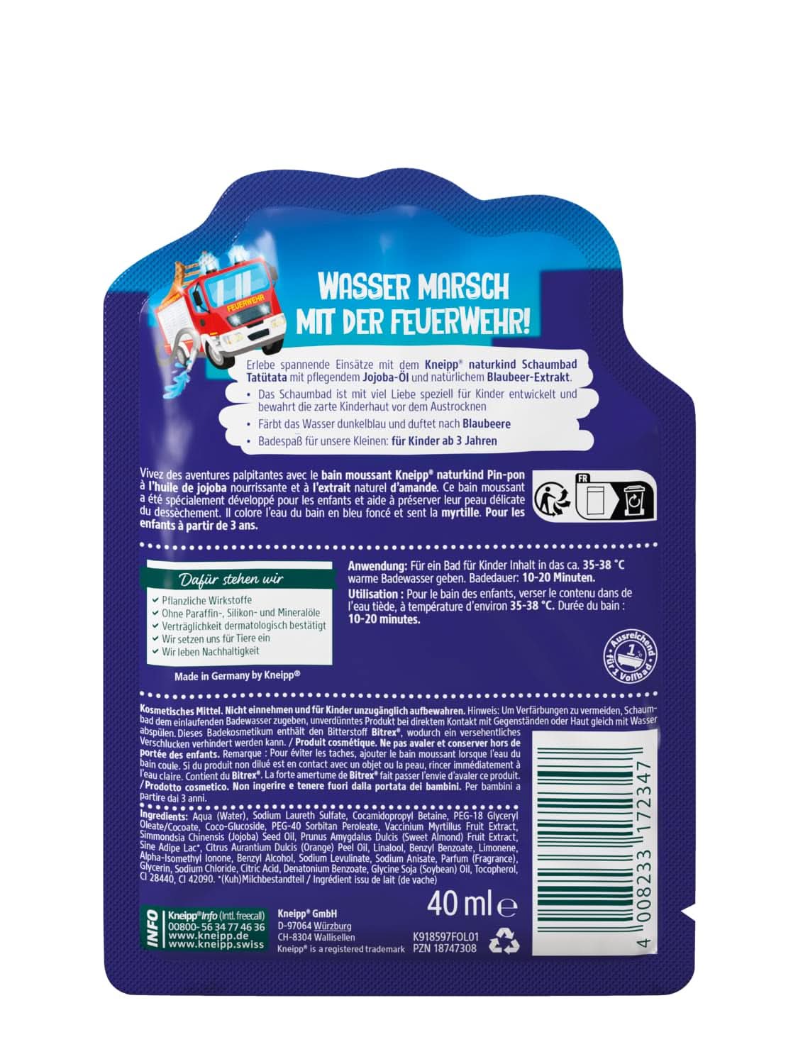 Kneipp Naturkind, additivo per il bagno con olio di jojoba nutriente ed estratto naturale di mirtillo, aroma fruttato di mirtillo, acqua blu, 40 ml Doccia e bagno Naty Shop