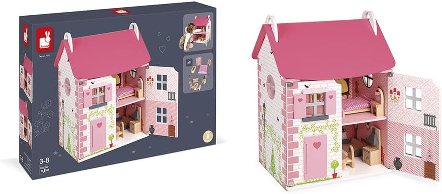 Janod - Casa delle bambole in legno Mademoiselle, 3 piani e 11 accessori, giocattolo replica, sviluppa l'immaginazione, dai 3 anni in su, J06581, Pink Naty Shop Dollhouses