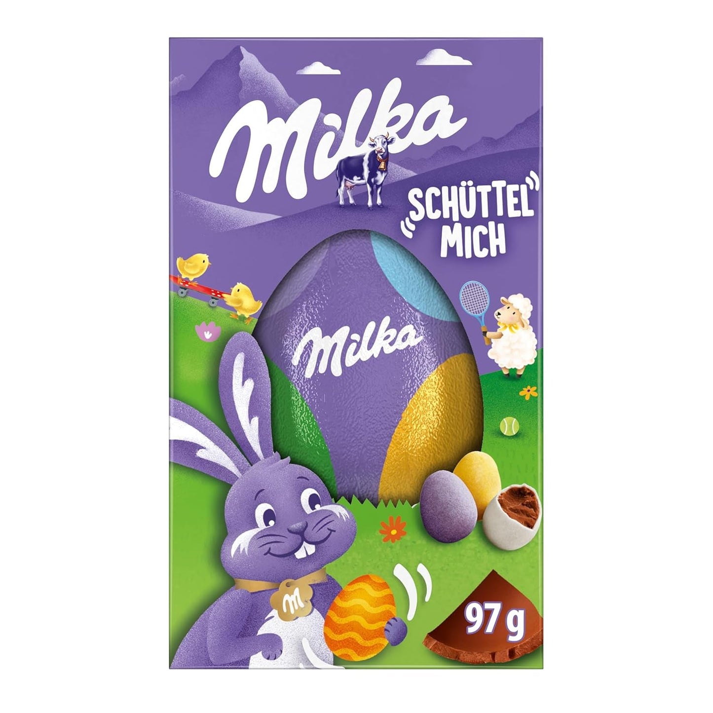 Milkshake Me Egg – uovo di cioccolato ripieno di mini ovetti colorati di cioccolato al latte alpino – 97g