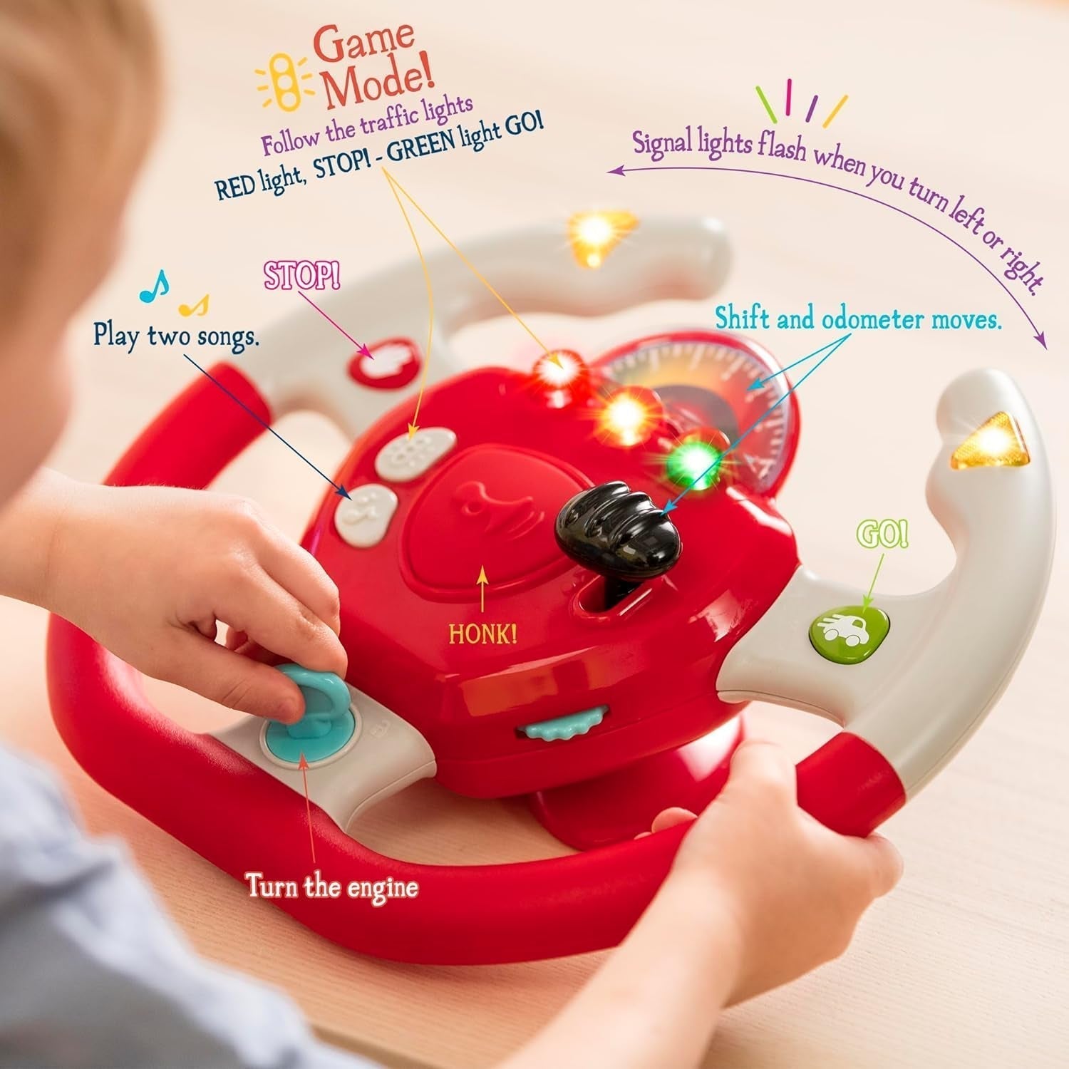 Battat in plastica, BT2525Z Volante interattivo giocattolo anche per viaggi e giri in macchina con luci e suoni per bambini da 2 anni in su, Rosso, Compatibile con le auto Bebe Toys Naty Shop