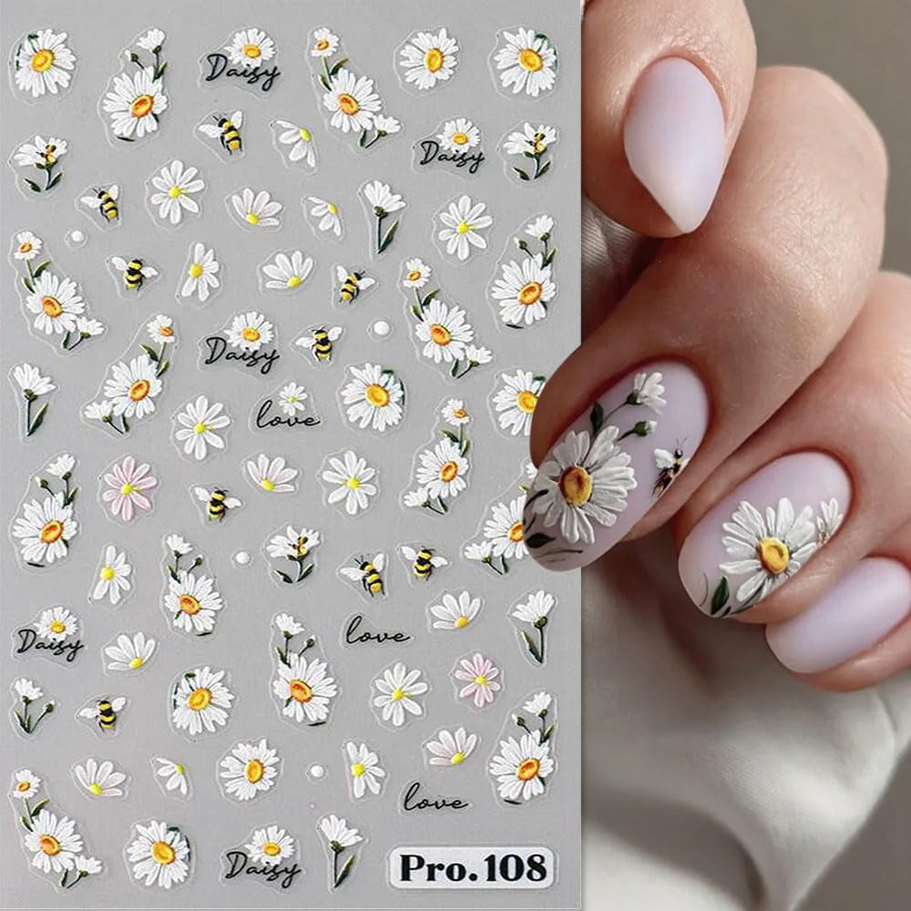 5 pezzi Geprägte Gänseblümchen Nagelsticker Selbstklebend Blumen Nagelaufkleber Gänseblümchen Schmetterling Nagel Sticker Nageldesign Aufkleber Nägel Zubehör Blume Nail Sticker Flower Nail Art Stickers