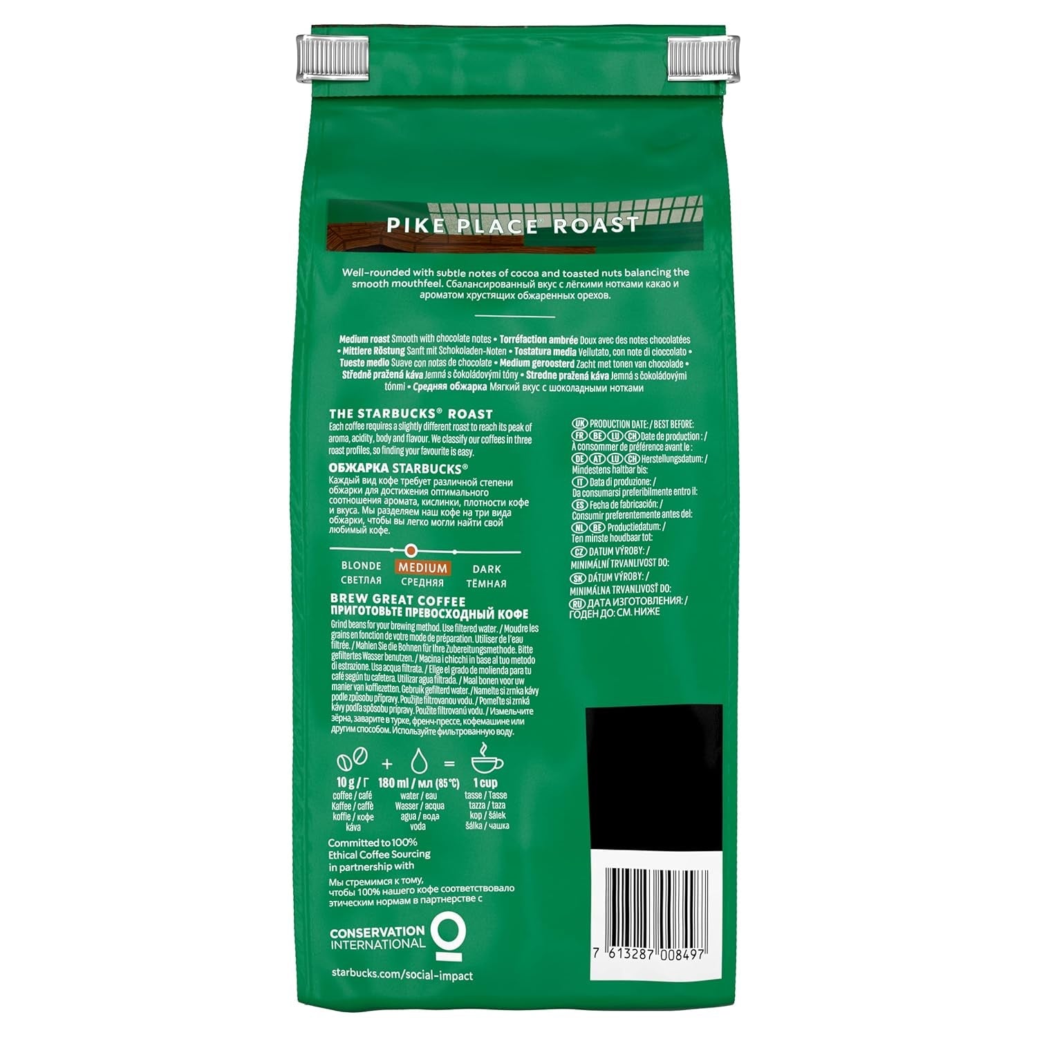 STARBUCKS Pike Place Arrosto, Mittlere Röstung, Ganze Kaffeebohnen 450g (confezione da 4)