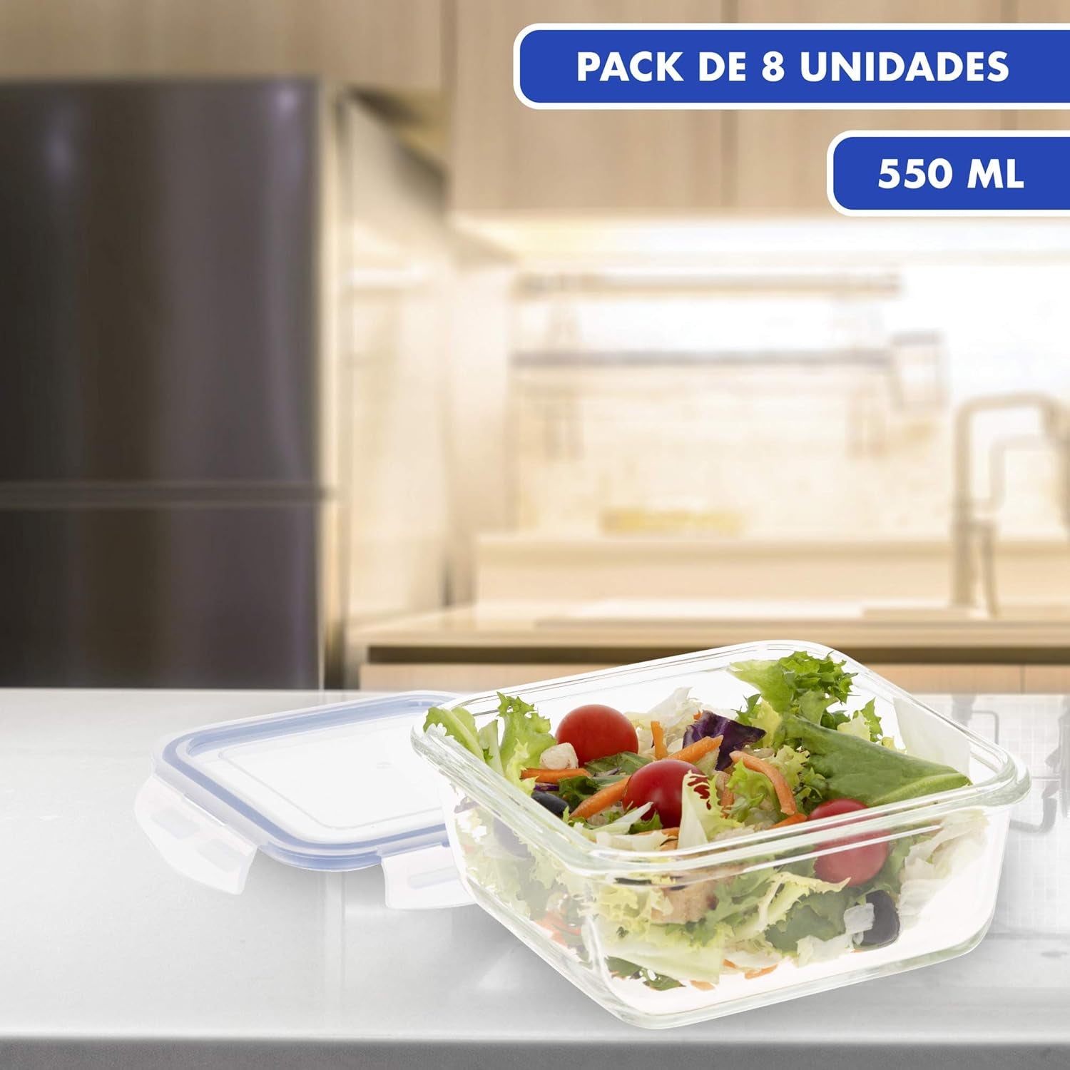 Max Home Confezione da 8 contenitori ermetici in vetro per microonde, portapranzo in vetro, contenitori per alimenti richiudibili, contenitori per alimenti con coperchio trasparente da 550 ml (16538) Scatole per la conservazione degli alimenti Naty Shop