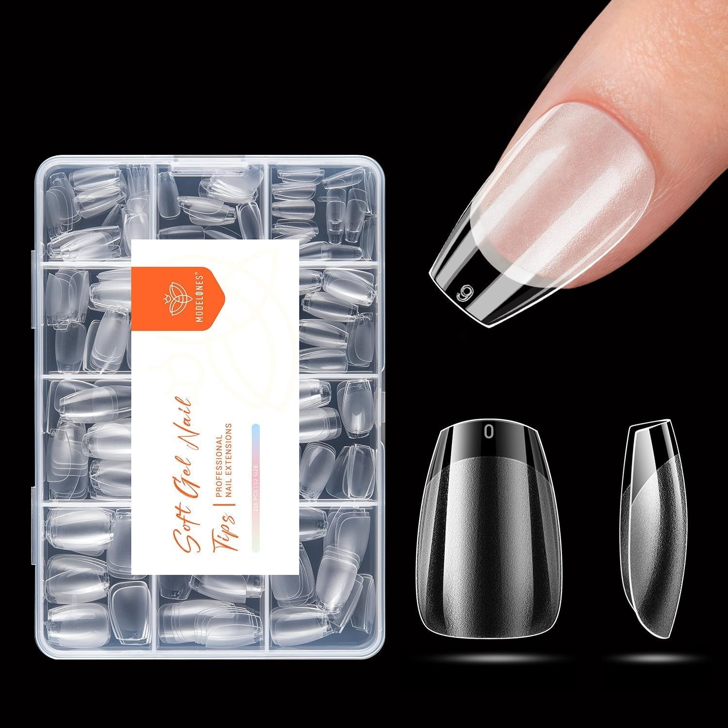 Modelones Nail Tips 216 pezzi - Set di punte per unghie a copertura totale, Set di punte in gel morbido, Punte per unghie in resina PMMA pre-lucidatura, Colla fai-da-te su unghie artificiali, Mandorle corte XS