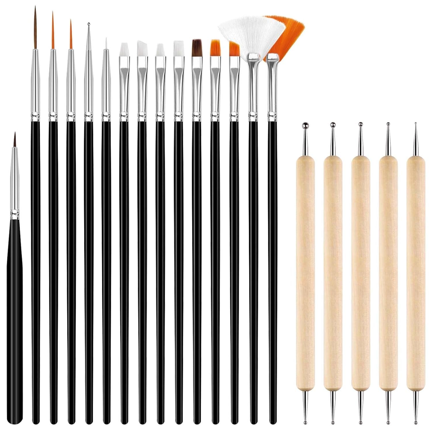 Hanyousheng Set di 20 pezzi di pinsel per nail art, 15 pezzi di pinsel per nail art, 5 pezzi di strumenti per punteggiare nail art per design di nail art fai da te
