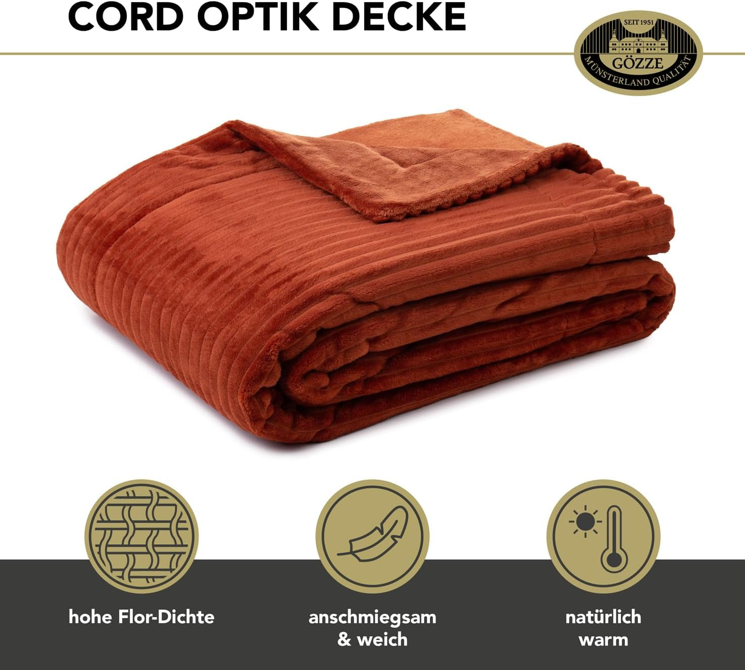 Gözze - Coperta comoda e morbida con effetto velluto a coste, 1620 g/pezzo, 150 X 200 cm - cannella Letti e coperte Besuche den Gözze-Store
