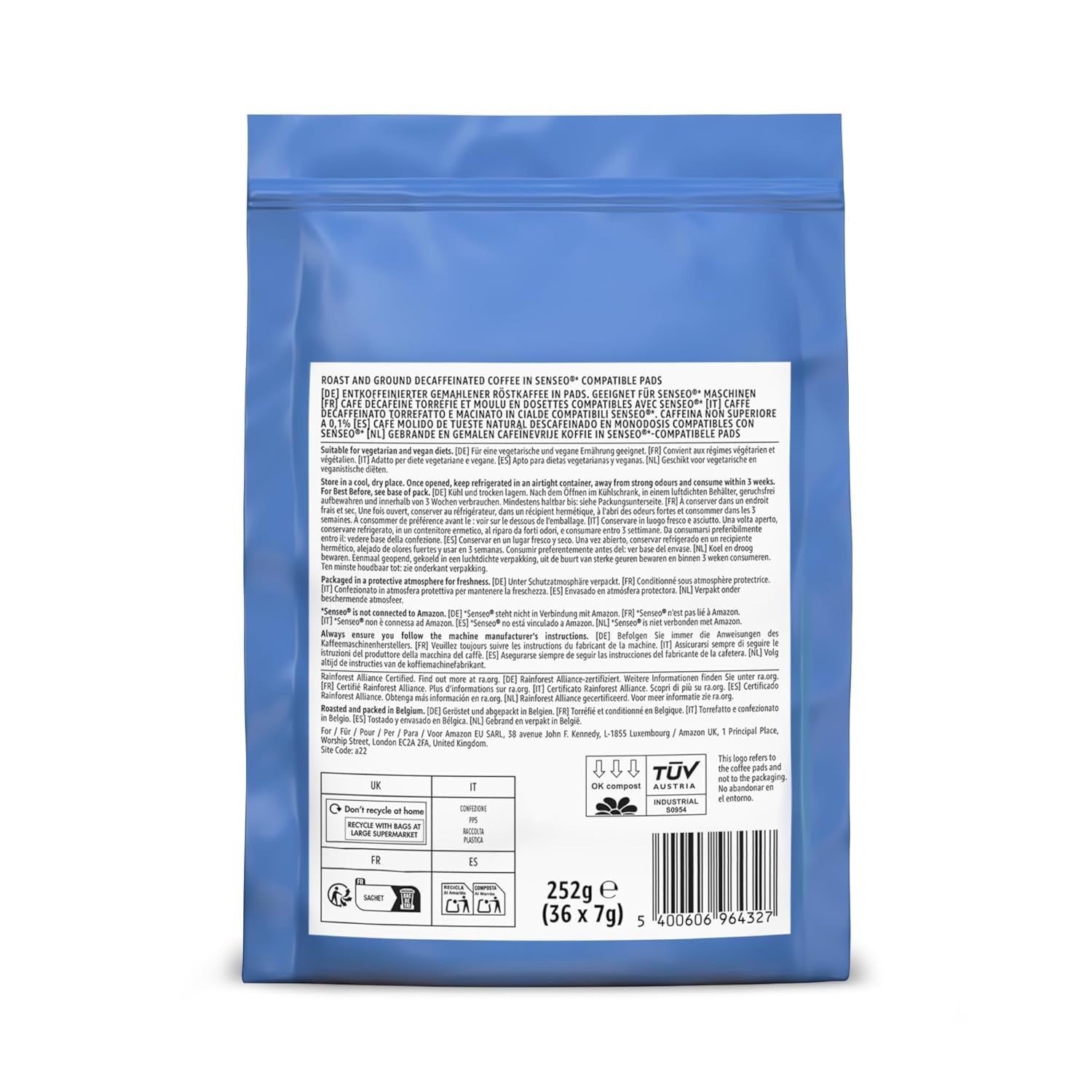 di Amazon Entkoffeinierte 100% Arabica-Kaffeepads, geeignet für Senseo-Maschinen, medium Röstung, 36 Stück (1 Packung mit 36 ​​​​Stück) – Rainforest Alliance-zertifiziert
