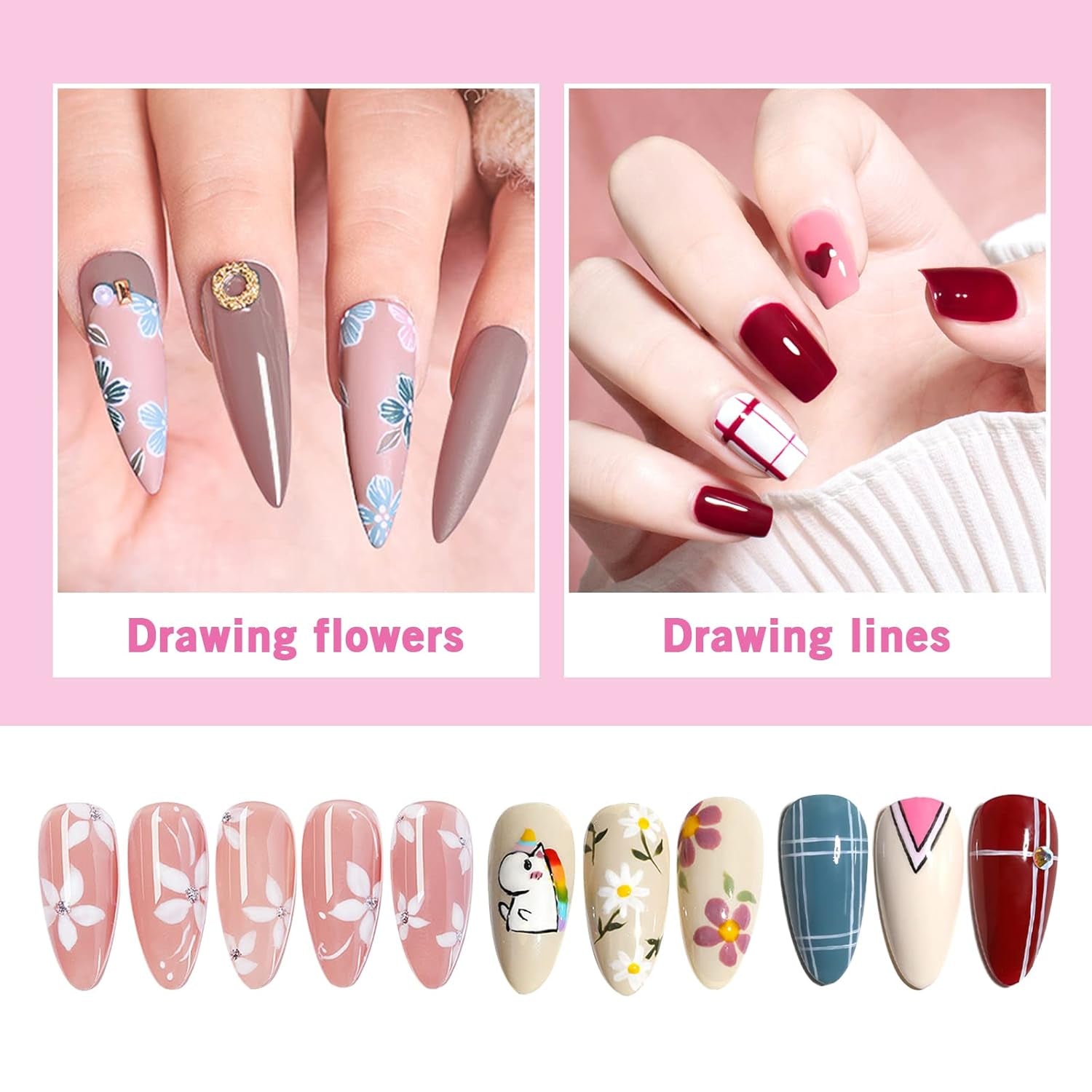 Sularpek Nail Art Liner Pinsel, 5 Stück Profi Detail Fine Nails Pennello per unghie in gel, Nagel Pinsel Dünn Für Beauty Frauen Nagelstudio (5 Größen, Rosa)