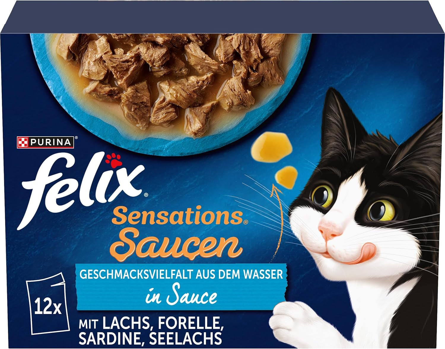 Felix Sensations Sauces Cibo umido per gatti, mix di pesci assortiti, confezione da 6 (6 x 12 buste da 85 g ciascuna)