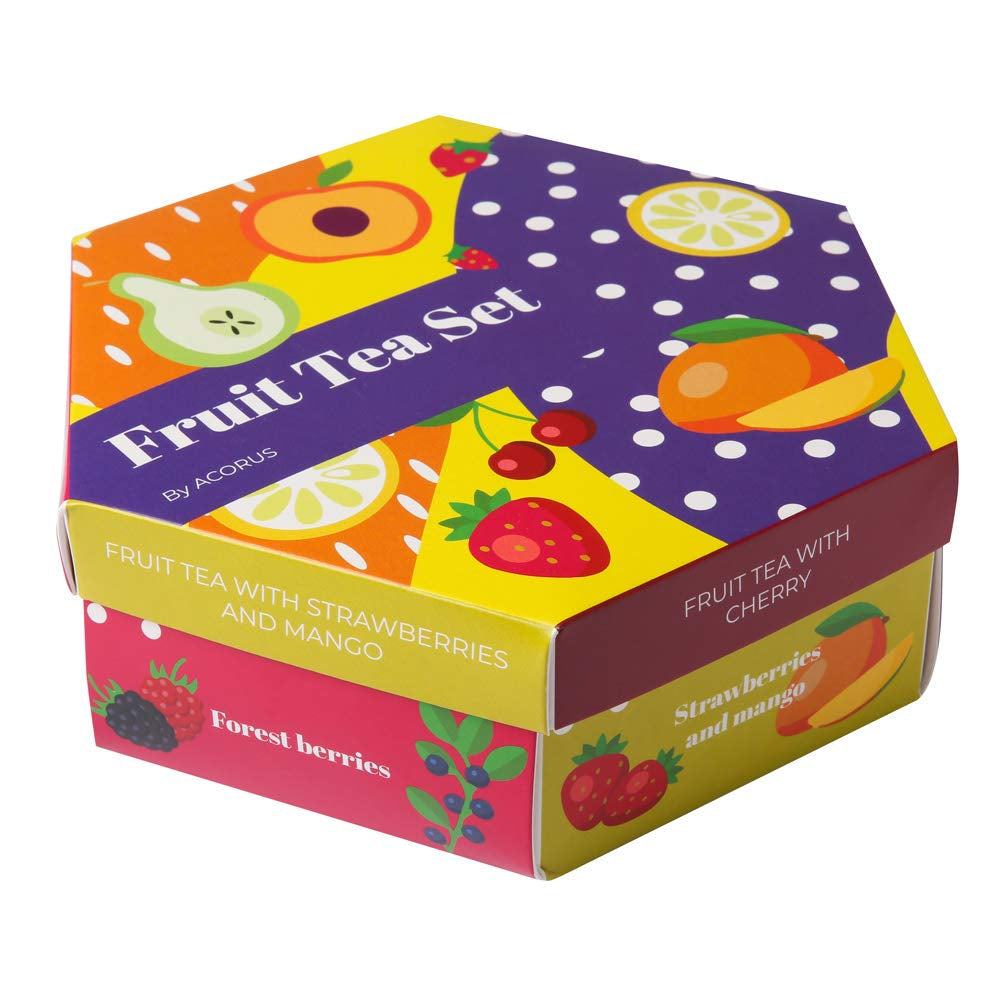 ACORO | Set da tè alla frutta di lusso | Set regalo con tè naturali in 6 gusti | Tisane, infusi alla frutta | Assortimento di tè | Scatola da tè con 60 bustine di tè