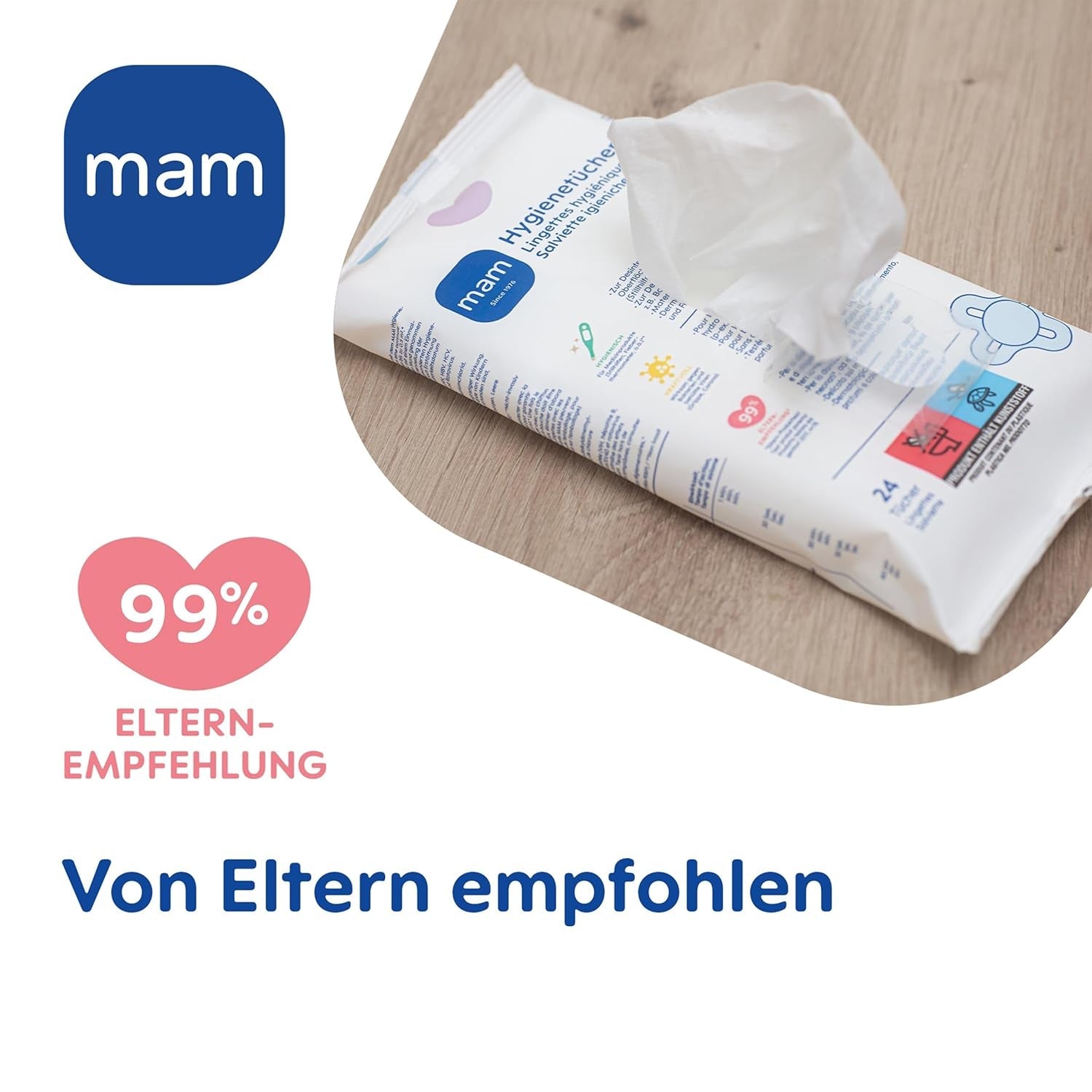 MAM Assorbenti Igienici Confezione da 3 (3 x 24 Pezzi), Salviette Detergenti per Dispositivi Medici e Accessori per Neonati, Assorbenti Igienici Antibatterici e Anti Virus