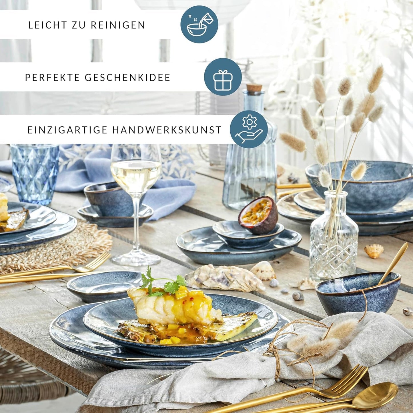 SANGER | Set di stoviglie Darwin da 12 pezzi, set di stoviglie in gres per 4 persone, set di stoviglie blu comprensivo di piatti piani, piatti da dessert e piatti fondi, set di stoviglie fatto a mano | LA COLLEZIONE PREMIUM