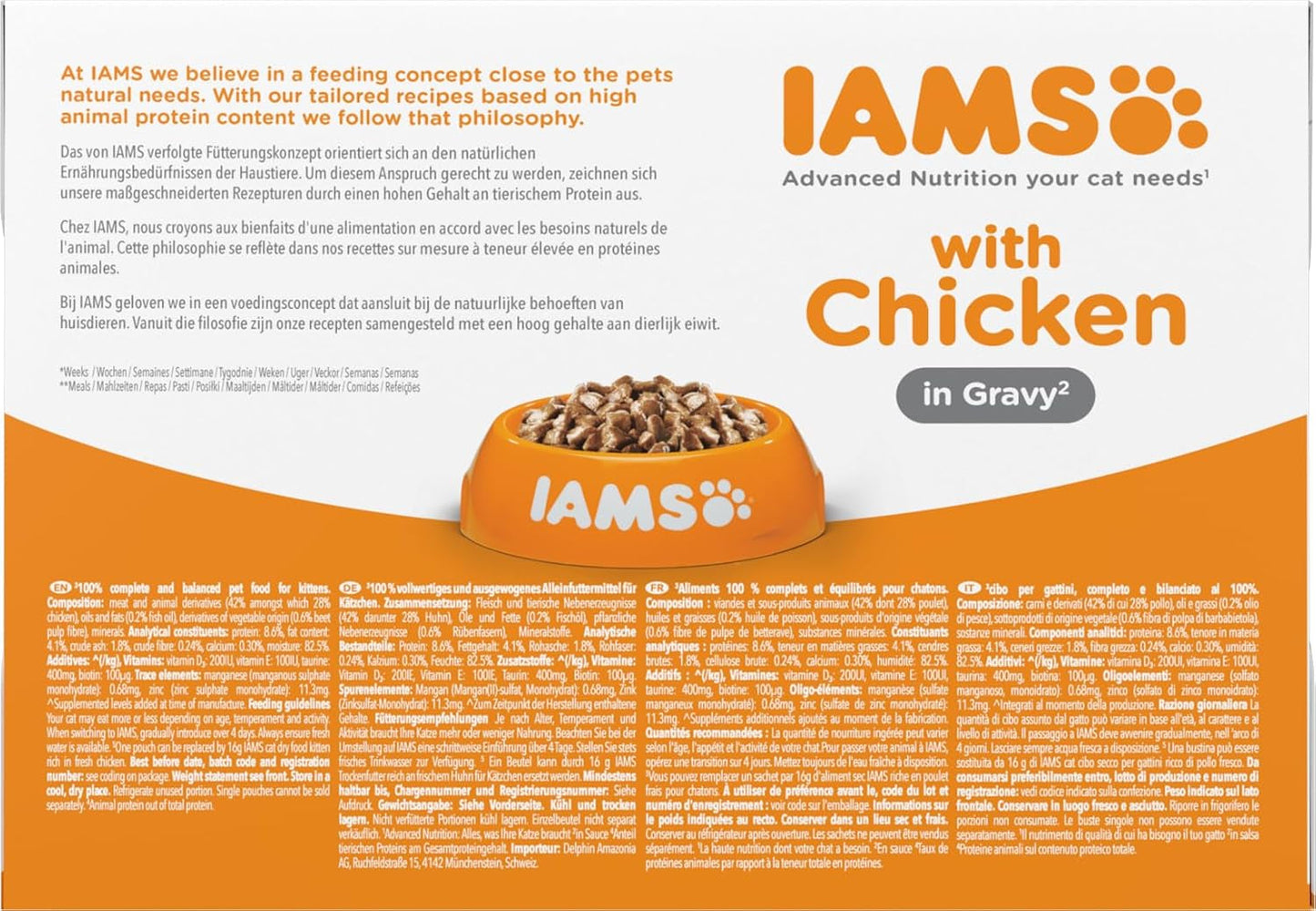 IAMS Delights Kitten Nassfutter - Multipack Katzenfutter mit Hunn in Sauce, alta qualità Futter für Junior Kätzchen von 1-12 Monate, 12 x 85 g