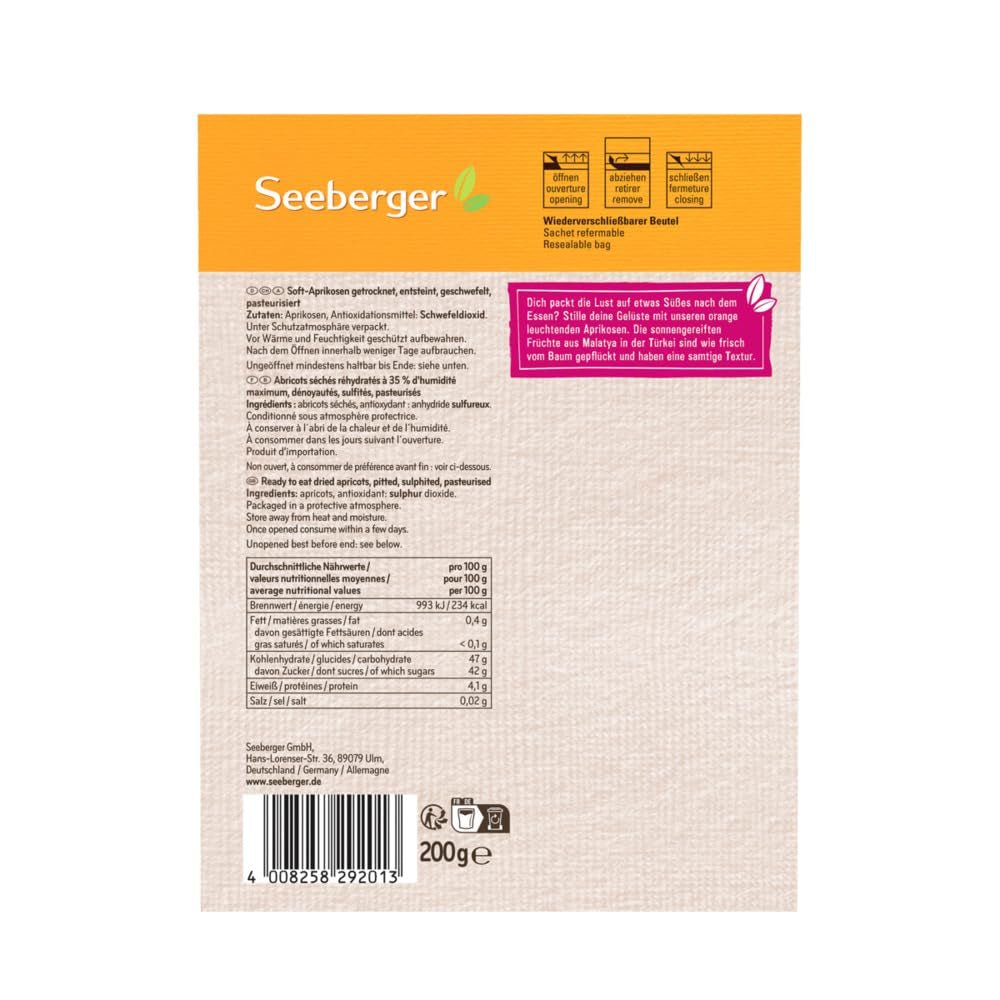 Albicocche Morbide Seeberger: Albicocche deliziosamente morbide e succose - consistenza dolce e vellutata - senza zuccheri aggiunti - essiccate - snocciolate, vegane (1 x 200g) Prodotti disidratati Naty Shop