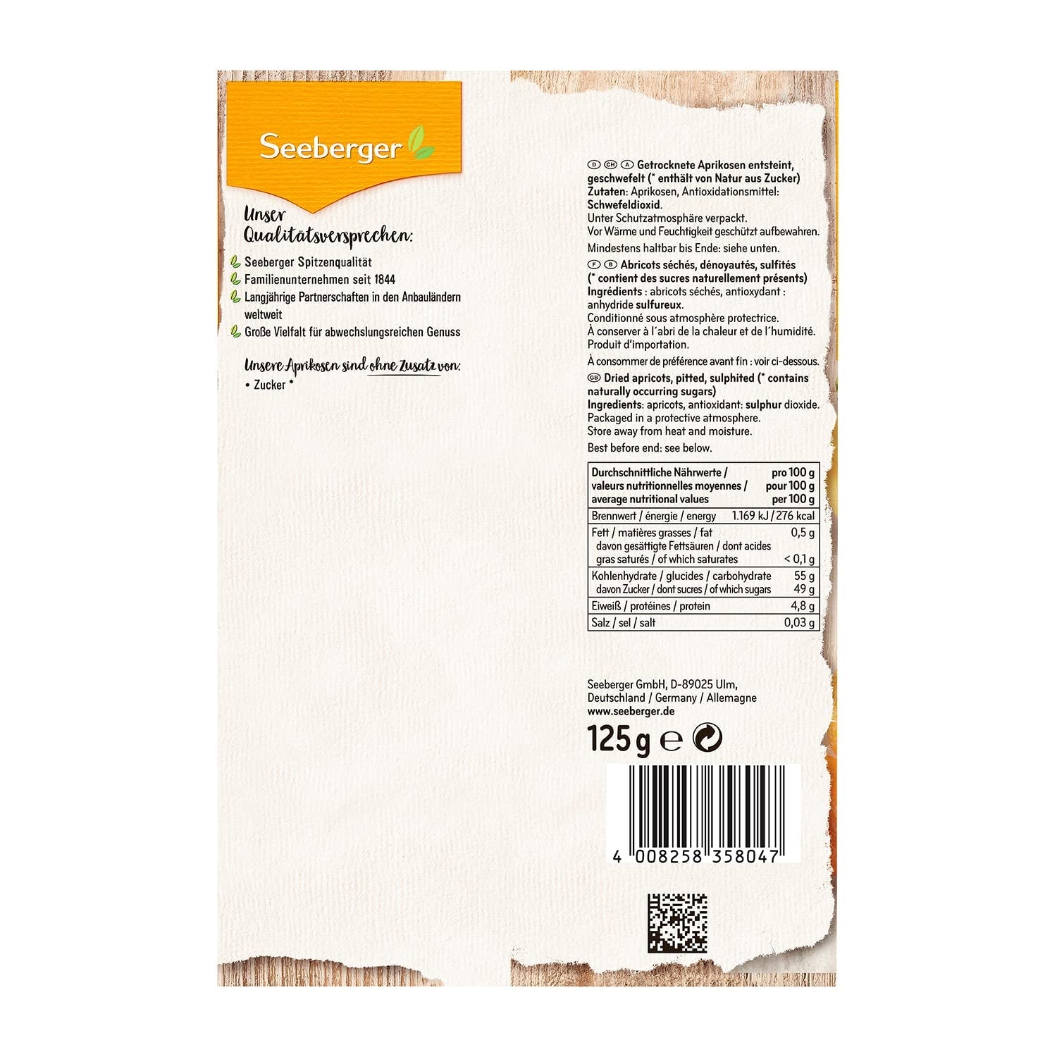 Albicocche Seeberger: Albicocche extra large, maturate al sole e di colore arancione brillante - gusto dolce e fruttato - senza zucchero - essiccate - denocciolate, vegane (1 x 125g) Naty Shop Prodotti disidratati