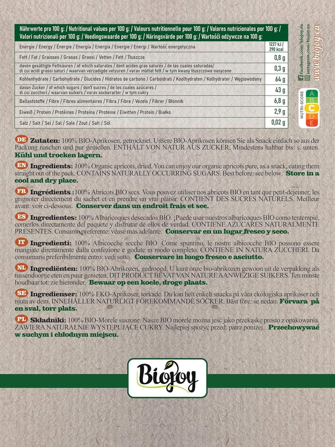 Albicocche secche Biojoy (500 g), non solforate Prodotti disidratati Il mio negozio