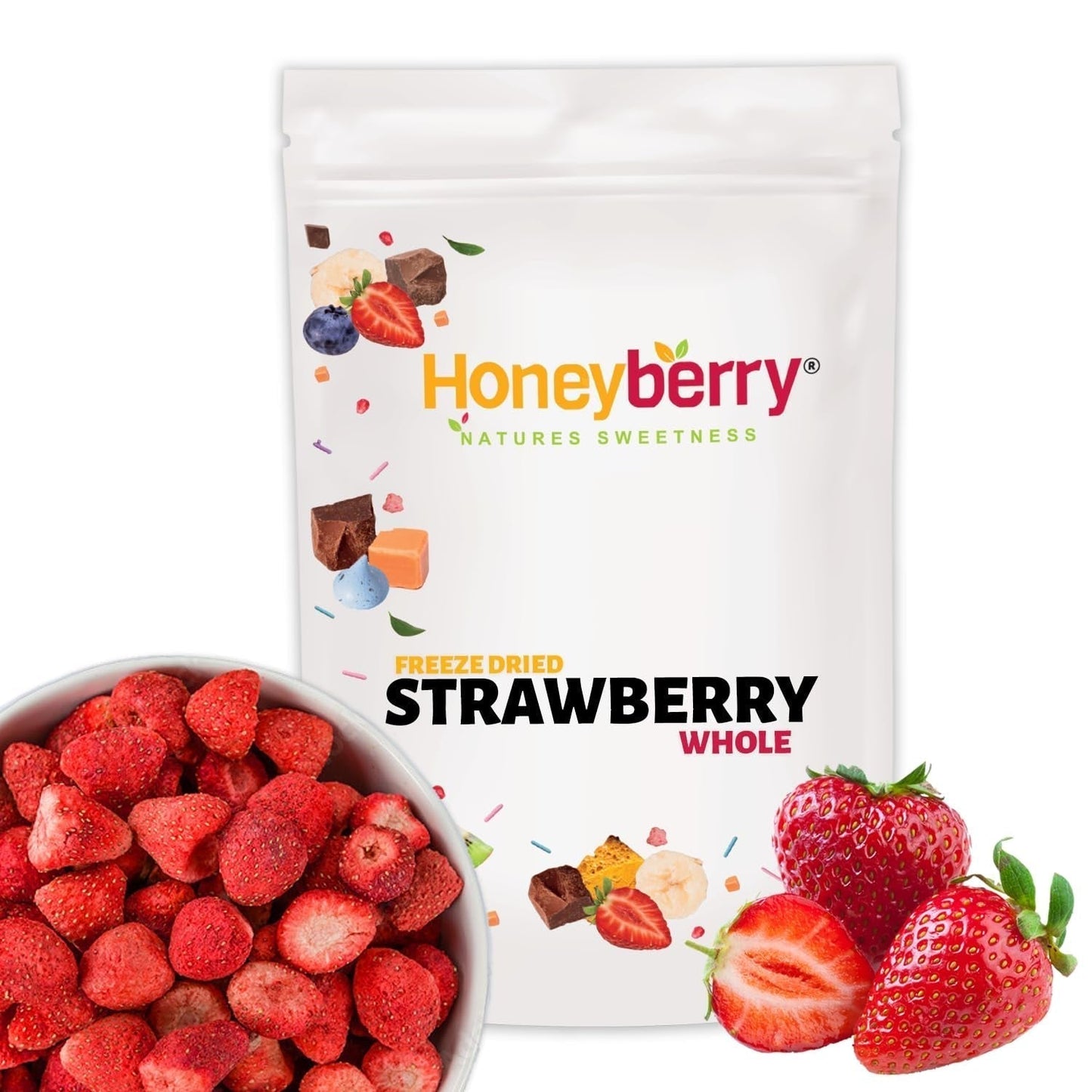 Fragole intere liofilizzate 100g - Frutta liofilizzata - Frutta secca liofilizzata - Fragole secche - Perfette per cuocere al forno, decorare torte, snack, muesli e dessert Prodotti disidratati Naty Shop 100G