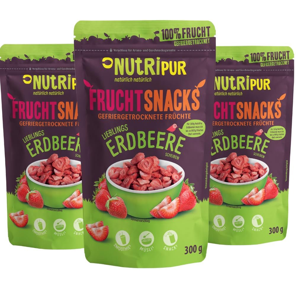 Fragole liofilizzate 300g: Fette di fragole secche non zuccherate - Fragole liofilizzate di pura frutta piene di sapore: Bacche liofilizzate - Frutta secca NUTRIPUR Naty Shop Prodotti disidratati 300G (Confezione da 3) Fragole