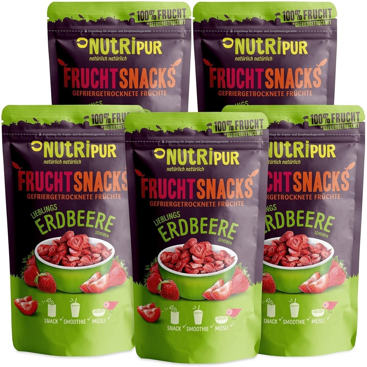 Fragole liofilizzate 300g: Fette di fragole secche non zuccherate - Fragole liofilizzate con frutta pura, piene di sapore: Bacche liofilizzate - NUTRIPUR Frutta secca Naty Shop Prodotti disidratati 70G (Confezione da 5) Fragole