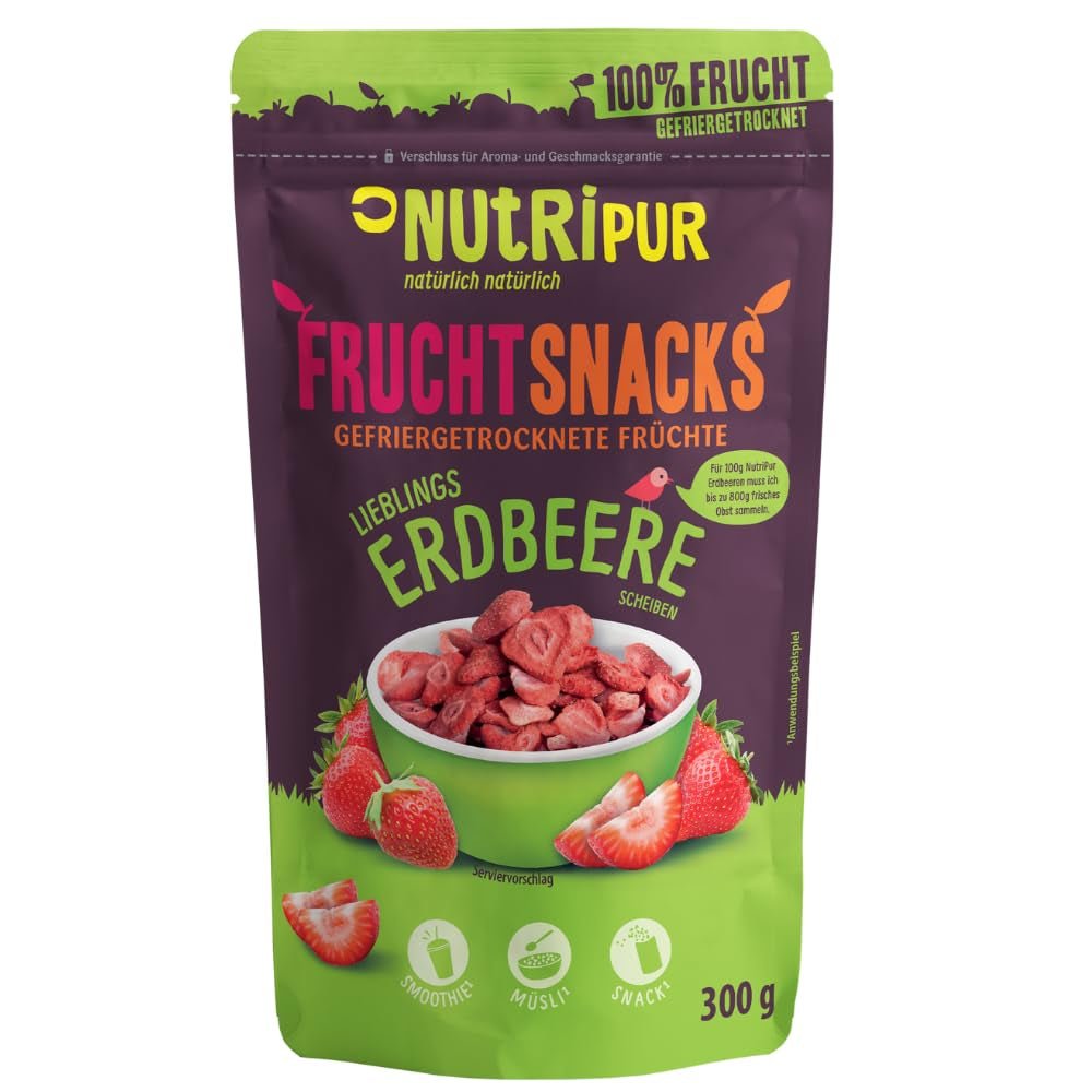 Fragole liofilizzate 300g: fette di fragole essiccate non zuccherate - Fragole liofilizzate con frutta pura, ricche di sapore: frutti di bosco liofilizzati - Frutta secca NUTRIPUR Prodotti disidratati Naty Shop 300 G (1 confezione) Fragole