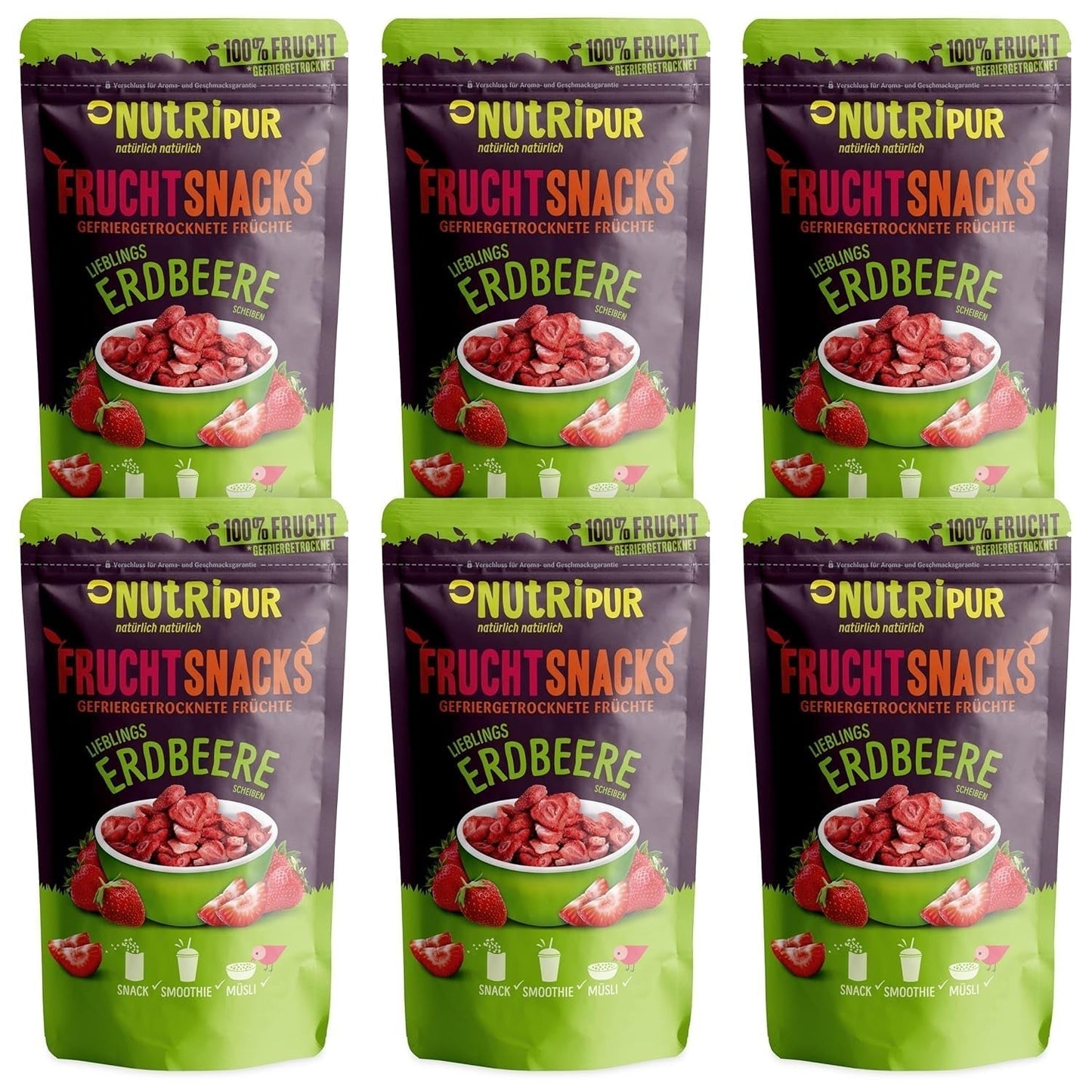 Fragole Liofilizzate 300g: Fette Di Fragole Secche Non Zuccherate - Fragole liofilizzate con Frutta Pura, Piene di Sapore: Bacche Liofilizzate - NUTRIPUR Frutta Secca Naty Shop Prodotti Disidratati 25G (Confezione da 6) Fragole