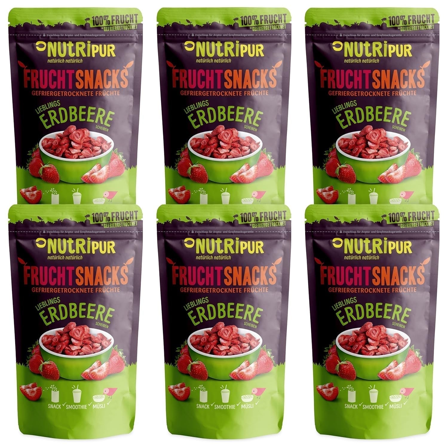 Fragole Liofilizzate 300g: Fette Di Fragole Secche Non Zuccherate - Fragole liofilizzate con Frutta Pura, Piene di Sapore: Bacche Liofilizzate - NUTRIPUR Frutta Secca Naty Shop Prodotti Disidratati 25G (Confezione da 6) Fragole