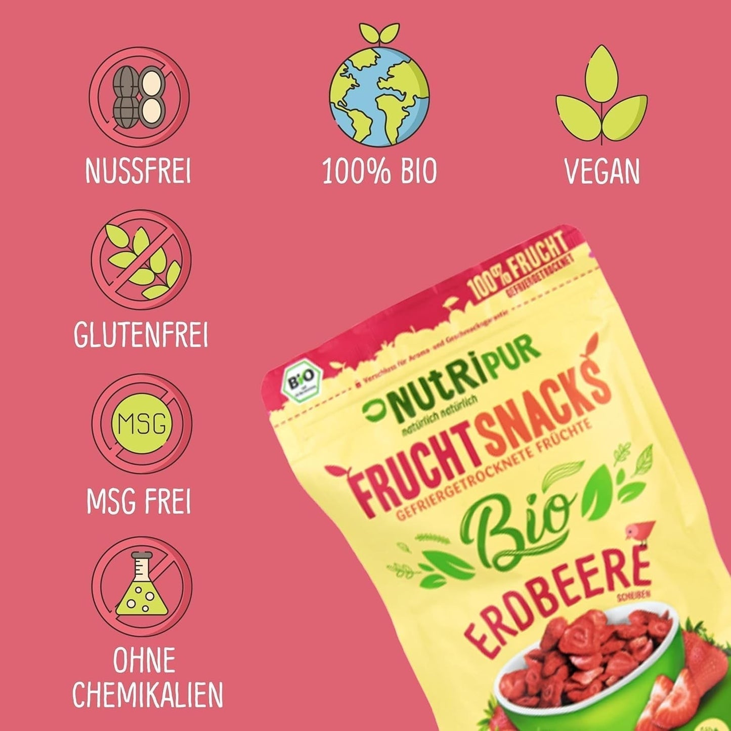 Fragole liofilizzate biologiche: 70g fragole essiccate per smoothie bowl, muesli, guarnizioni per porridge - frutti di bosco liofilizzati senza zuccheri aggiunti - fragole liofilizzate - Frutta NutriPur Prodotti disidratati Naty Shop