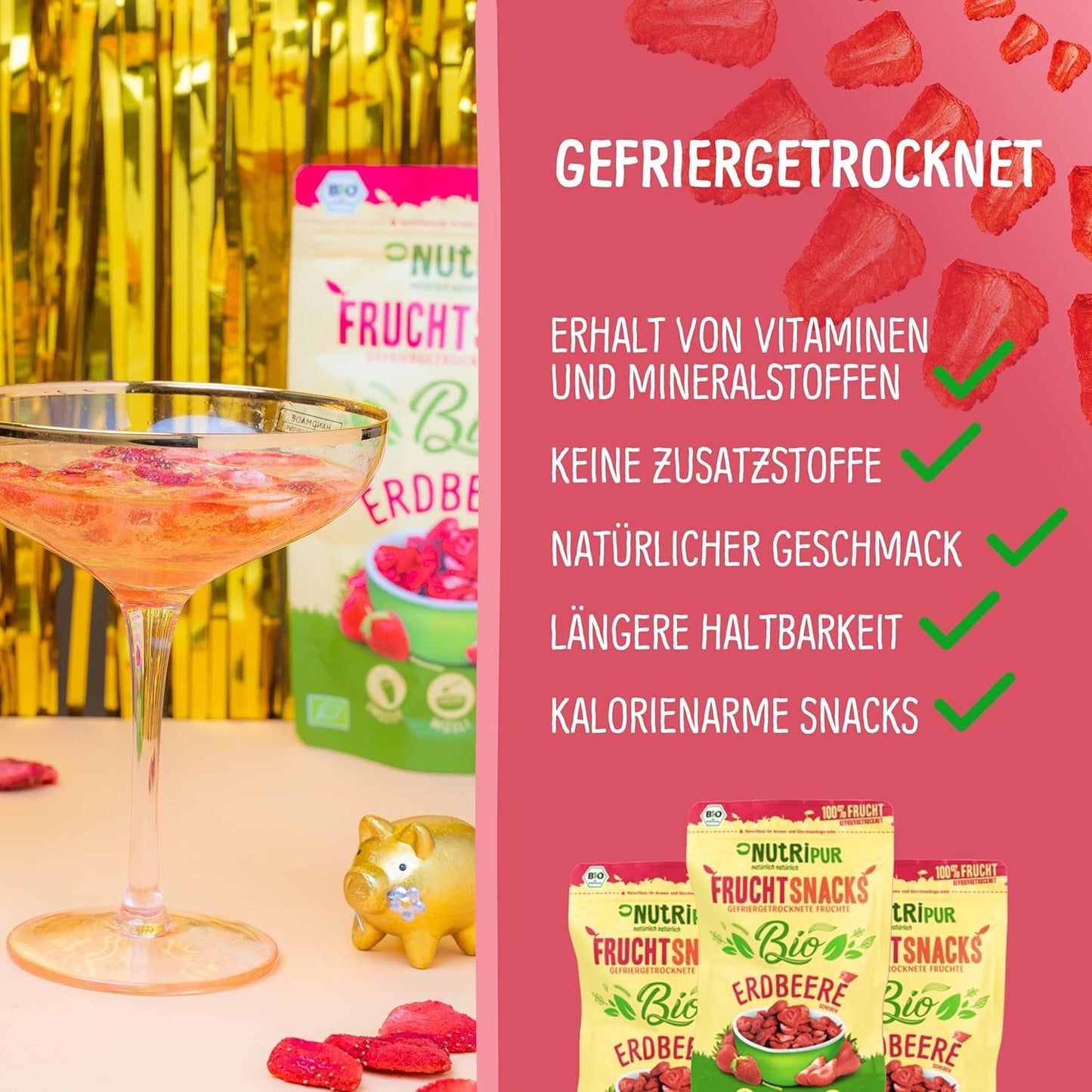 Fragole liofilizzate biologiche: 70g fragole essiccate per smoothie bowl, muesli, guarnizioni per porridge - frutti di bosco liofilizzati senza zuccheri aggiunti - fragole liofilizzate - Frutta NutriPur Prodotti disidratati Naty Shop