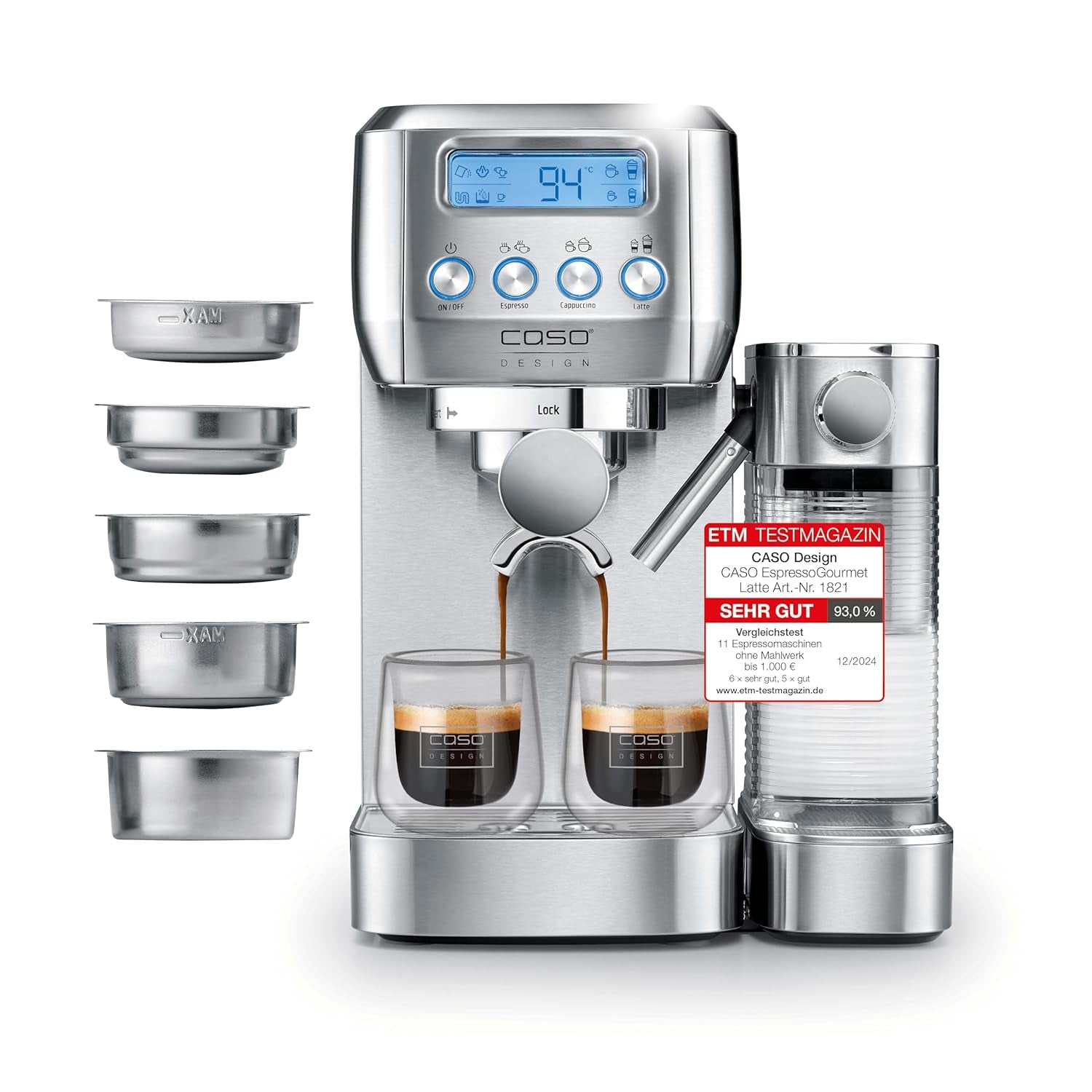 CASO EspressoGourmet Crema - Macchina per caffè espresso portafiltro con montalatte, espresso, cappuccino, portafiltro in acciaio inossidabile, pompa ULKA 20 bar, macchina da caffè, caffè macinato, capsule ESE