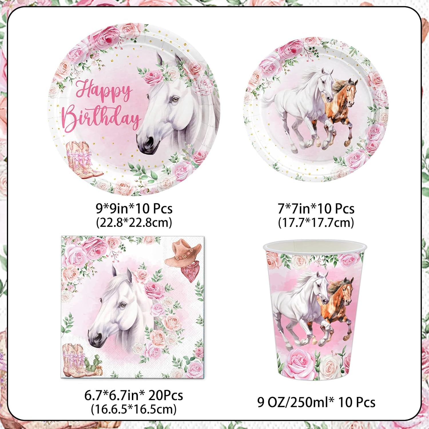 Set da 51 pezzi per feste, piatti di carta, tazze, tovaglioli, cavallo rosa, per bambini, ragazze, ragazzi, compleanno, decorazione da tavola con cavallo