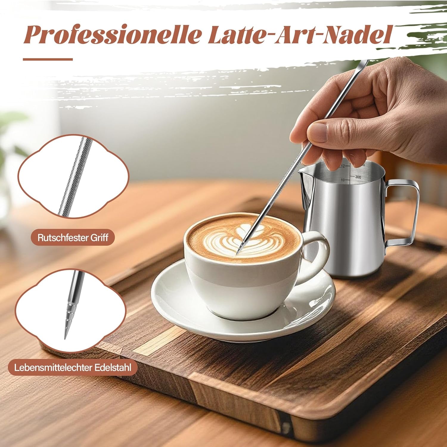 Tazza da latte, Tazza da latte in acciaio inossidabile da 350 ml con segno di misurazione, Accessorio Barista, Tazza da latte per cappuccino, Espresso, Latte Art, Amanti del caffè, Argento, 355 ml