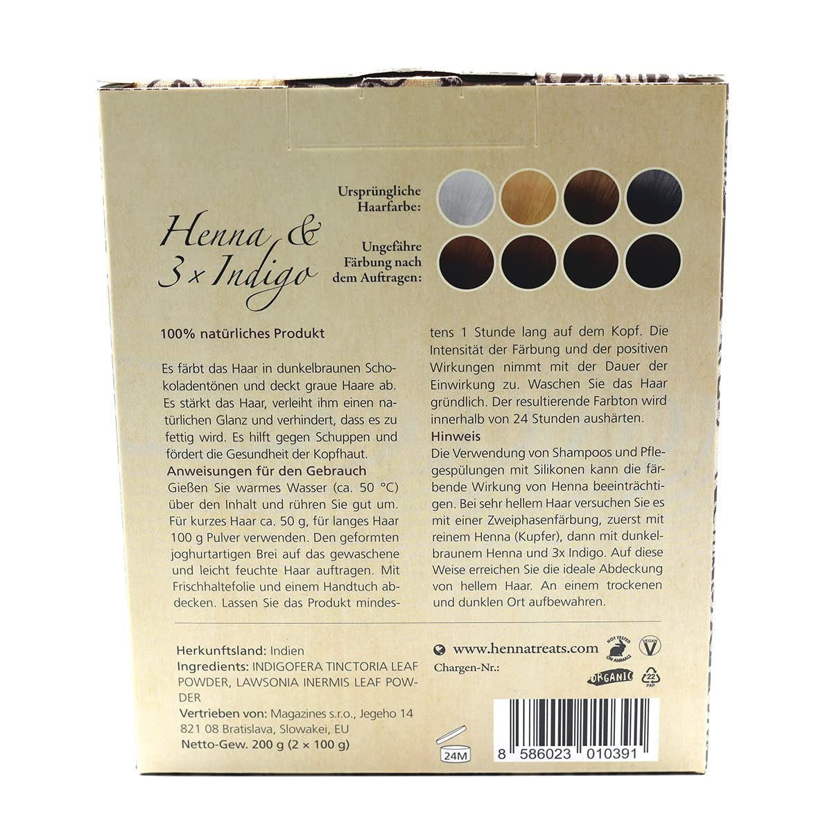 Henné & 3×Indaco - Castano scuro - Tinta naturale per capelli - Polvere - 200g Tintura per capelli Naty Shop