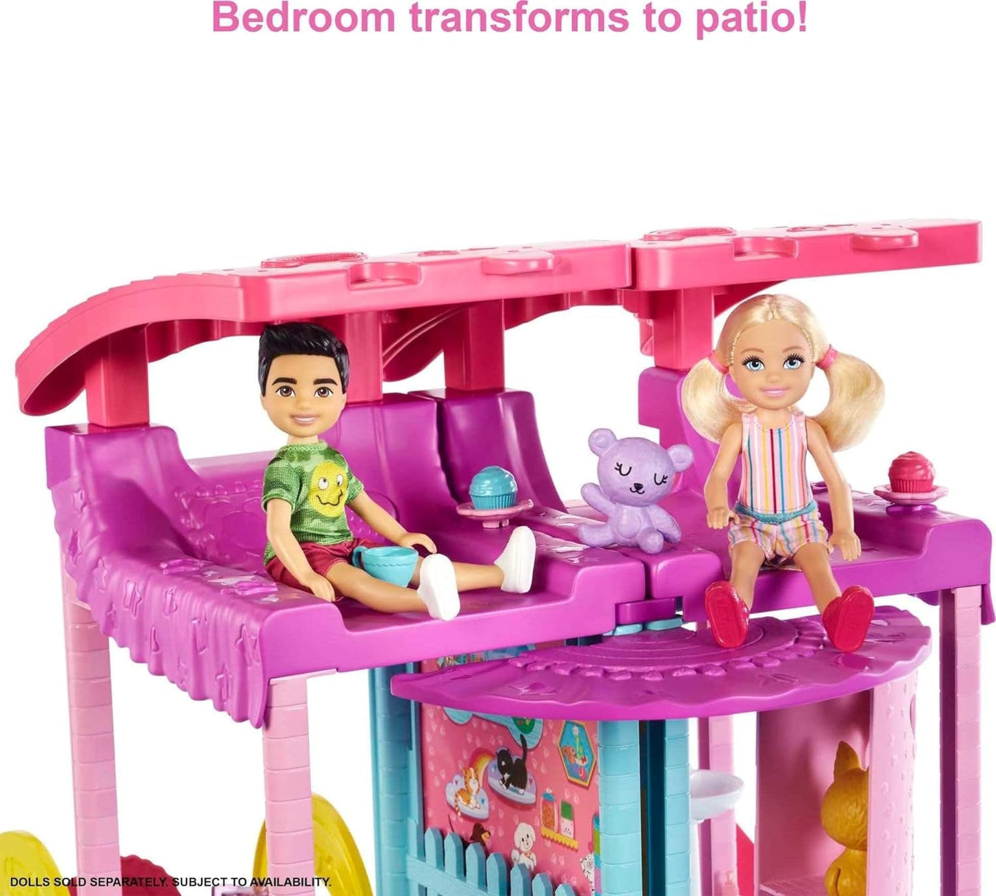Barbie Chelsea Playhouse - 3 piani trasformabili, aree gioco segrete, ascensore, piscina, scivolo, 2 animali domestici e oltre 20 accessori, dai 3 anni in su, HHX44