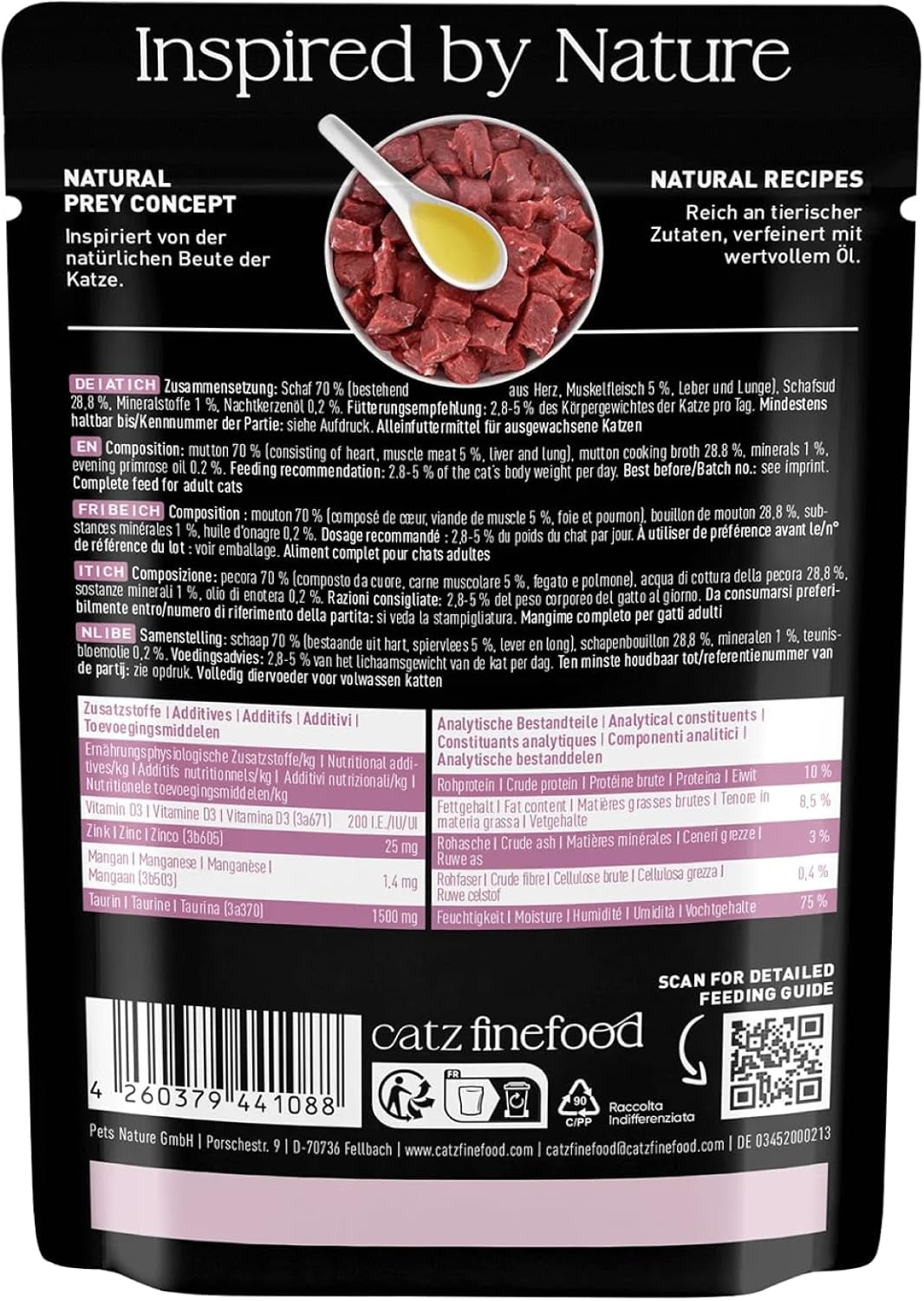 Alimento umido per gatti Catz Finefood Purrrr Sheep Monoprotein n. 113, per gatti con digestione sensibile, contenuto carne 70%, 16 buste da 85 g ciascuna