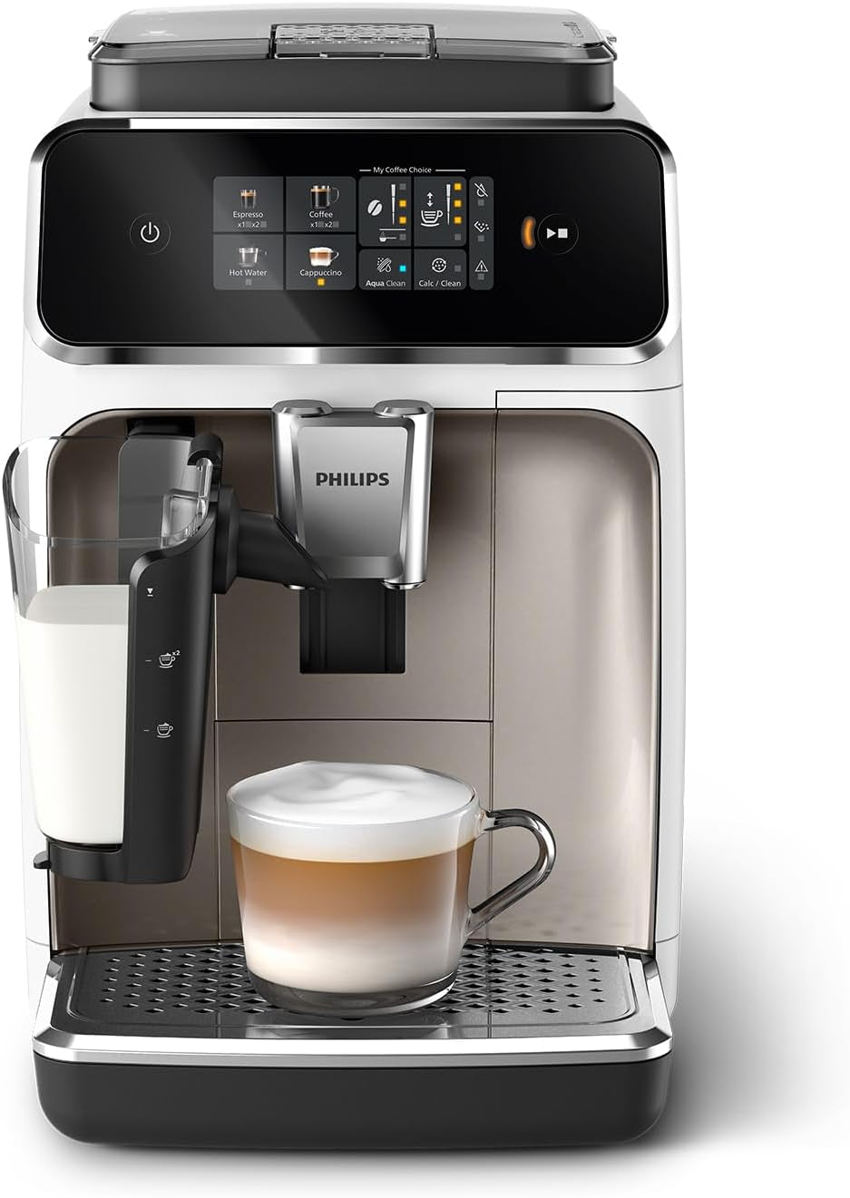 Macchina per caffè espresso automatica PHILIPS serie 2300 - 4 bevande, moderno touch screen a colori, sistema di preparazione del latte LatteGo, SilentBrew, macinacaffè 100% ceramica, filtro AquaClean. Nero opaco (EP2330/10)