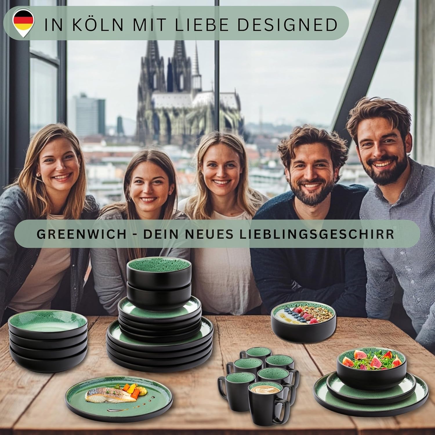 SÄNGER Greenwich | Servizio Piatti In Gres, 18 Pezzi, Servizio Piatti Per 6, Servizio Piatti (6 Piatti Piani, 6 Piatti Dessert, 6 Ciotole), Verde, Antigraffio, Stoviglie | LA COLLEZIONE DI VALORE